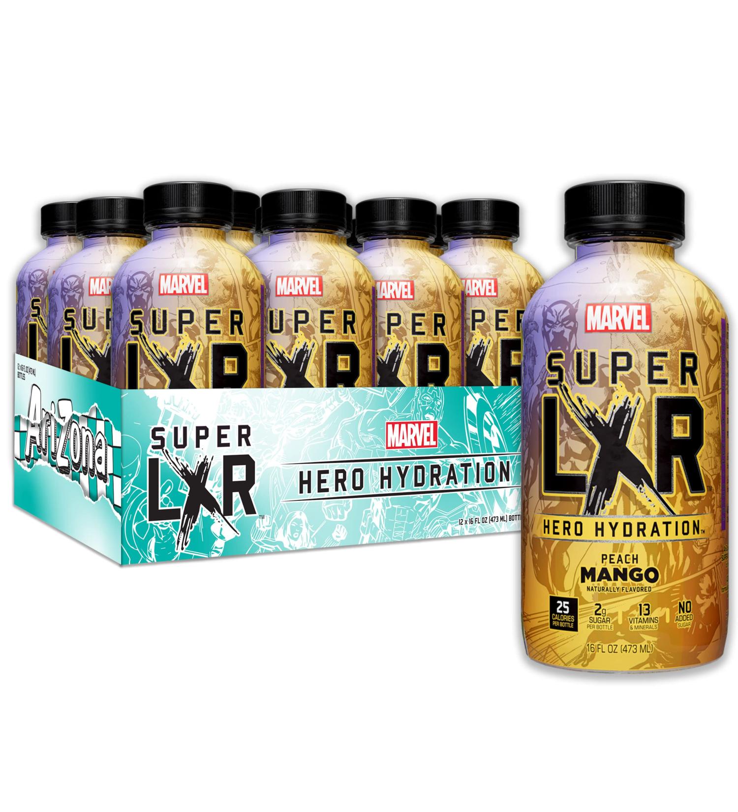 Arizona x Marvel Super LXR Peach Mango Hero Hydration Drink Pack of 12 x 473ml PET Bottles Sports Drink with Electrolytes & Vitamins Peach Mango 5.68 l (Pack of 1) - Buy Online on GoSupps.com