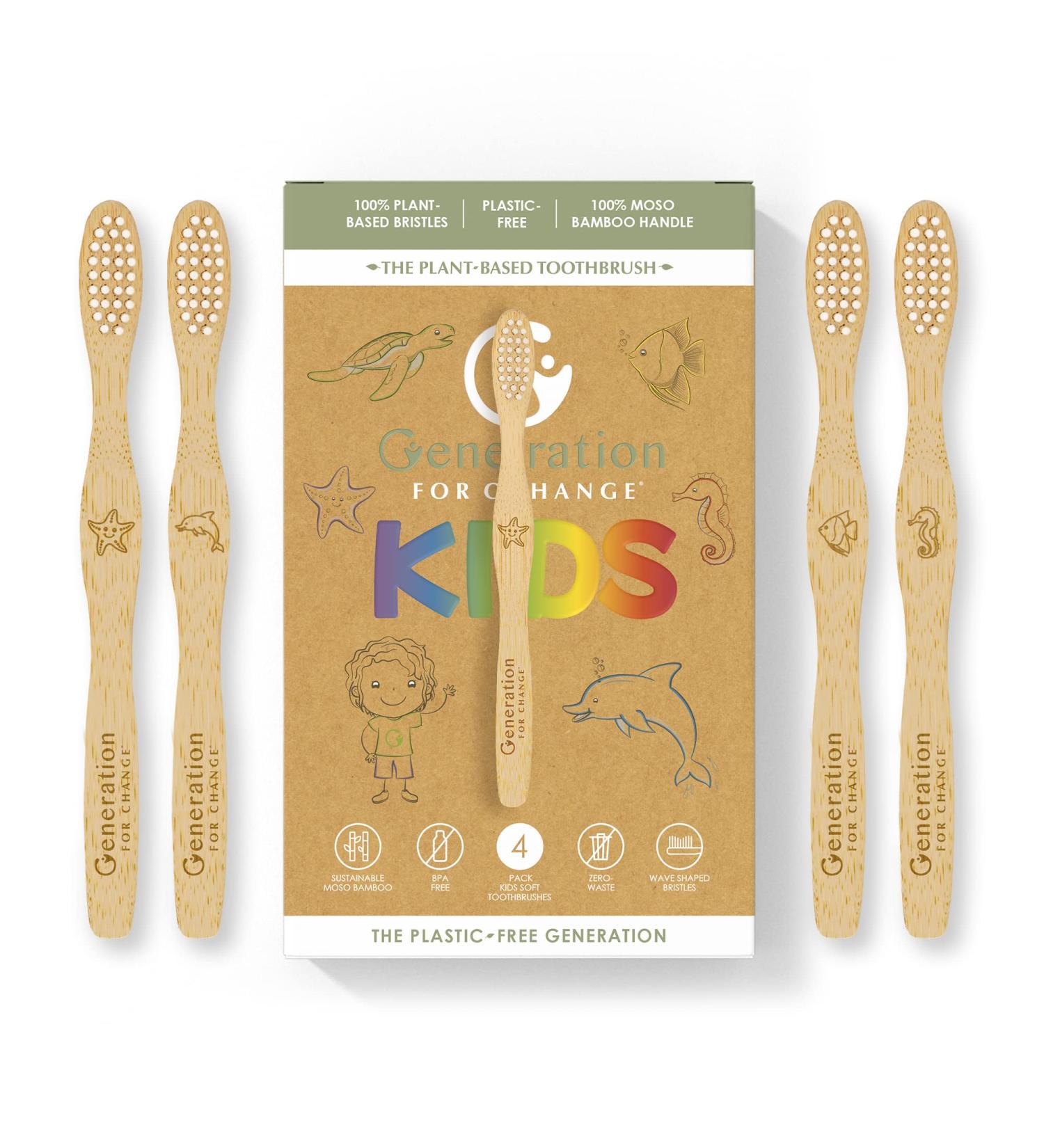 Plant Based Kids Toothbrush 4 Pack - Soft Bamboo Biodegradable Bristles Eco-Friendly Zero Waste - Buy Online on GoSupps.com