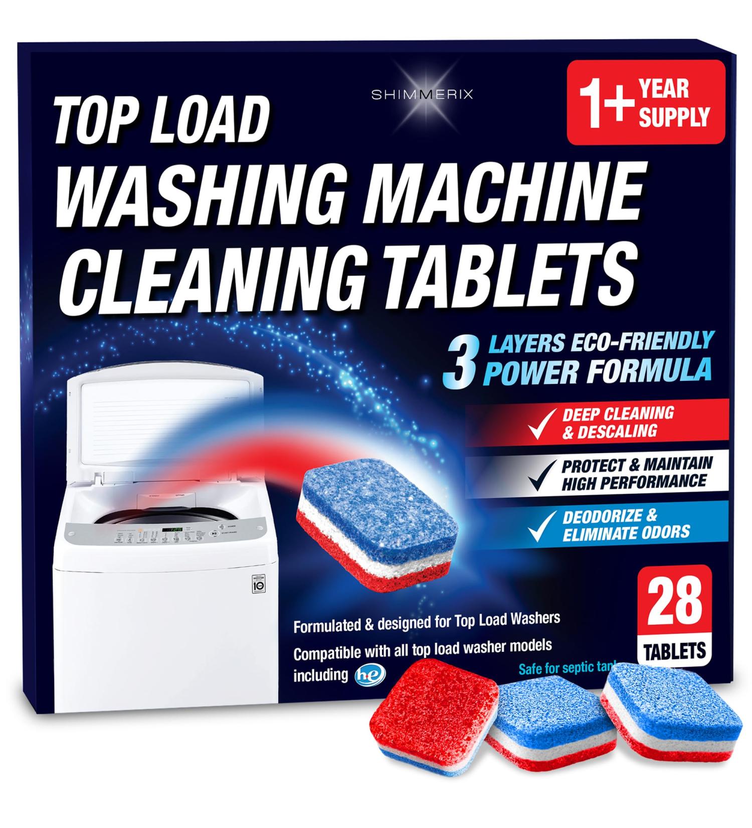 Eco-Friendly Washing Machine Cleaner Tablets - 28 Pack HE Top Load Septic Safe Deodorizer & Descaler | 1+ Year Supply - Buy Online on GoSupps.com