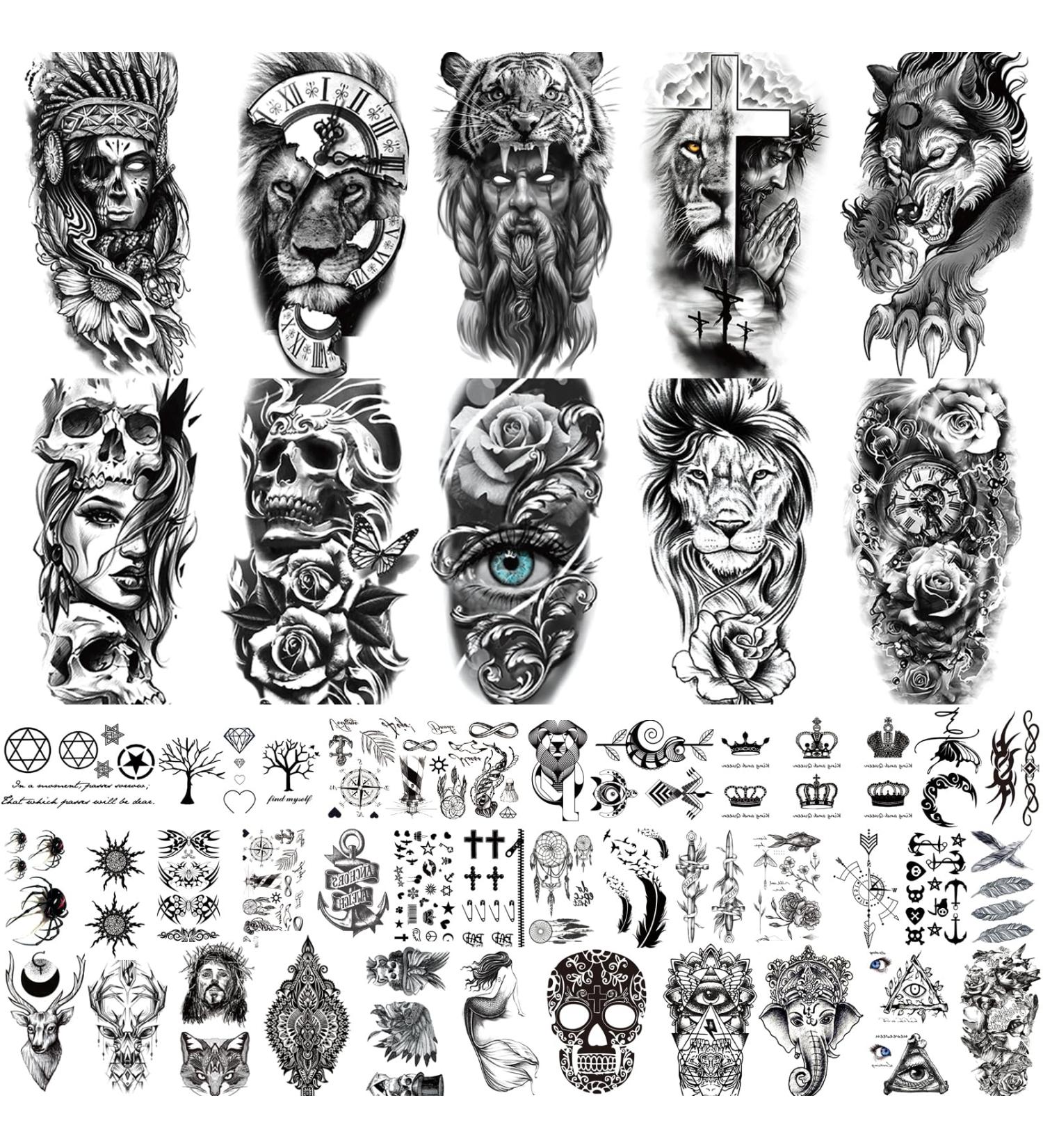BUXIUGAN Temporary Tattoos 50 Sheets fake tattoos for Men Women Adults 10 Large 3D Realistic Half Sleeve Temporary Tattoos 40 Tiny Prisoner Tattoos With Skull Skeleton Animals Faux Tattoos Stickers (A) - Buy Online on GoSupps.com