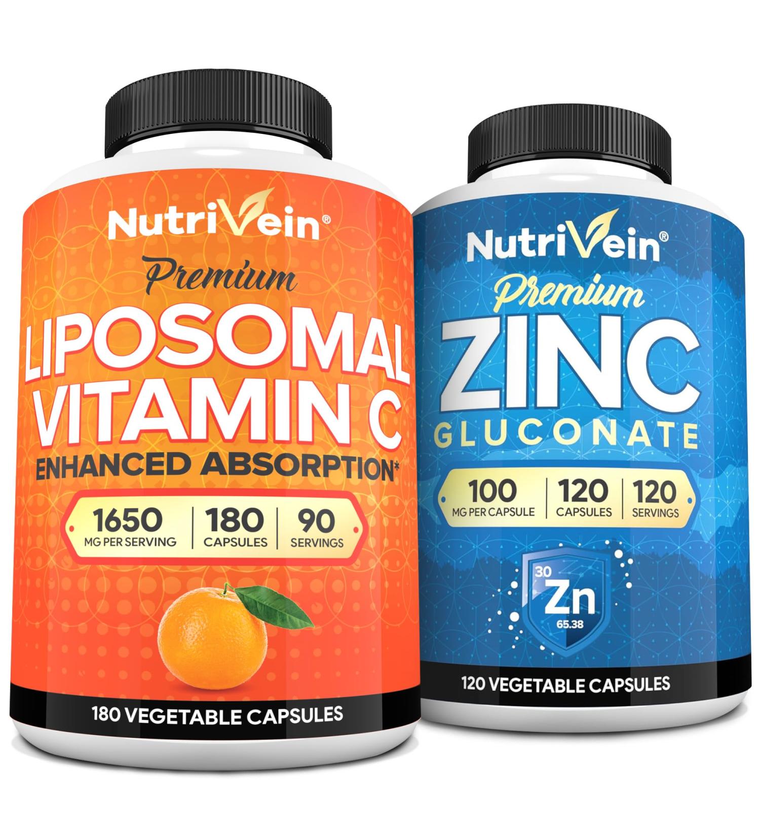 Nutrivein Premium Liposomal Vitamin C Capsules & Zinc Gluconate Supplements Bundle: High Absorption Zinc Gluconate + Liposomal Vitamin C Supplement Pair for Whole-Body Wellness, Defenses, & Vitality - Buy Online on GoSupps.com