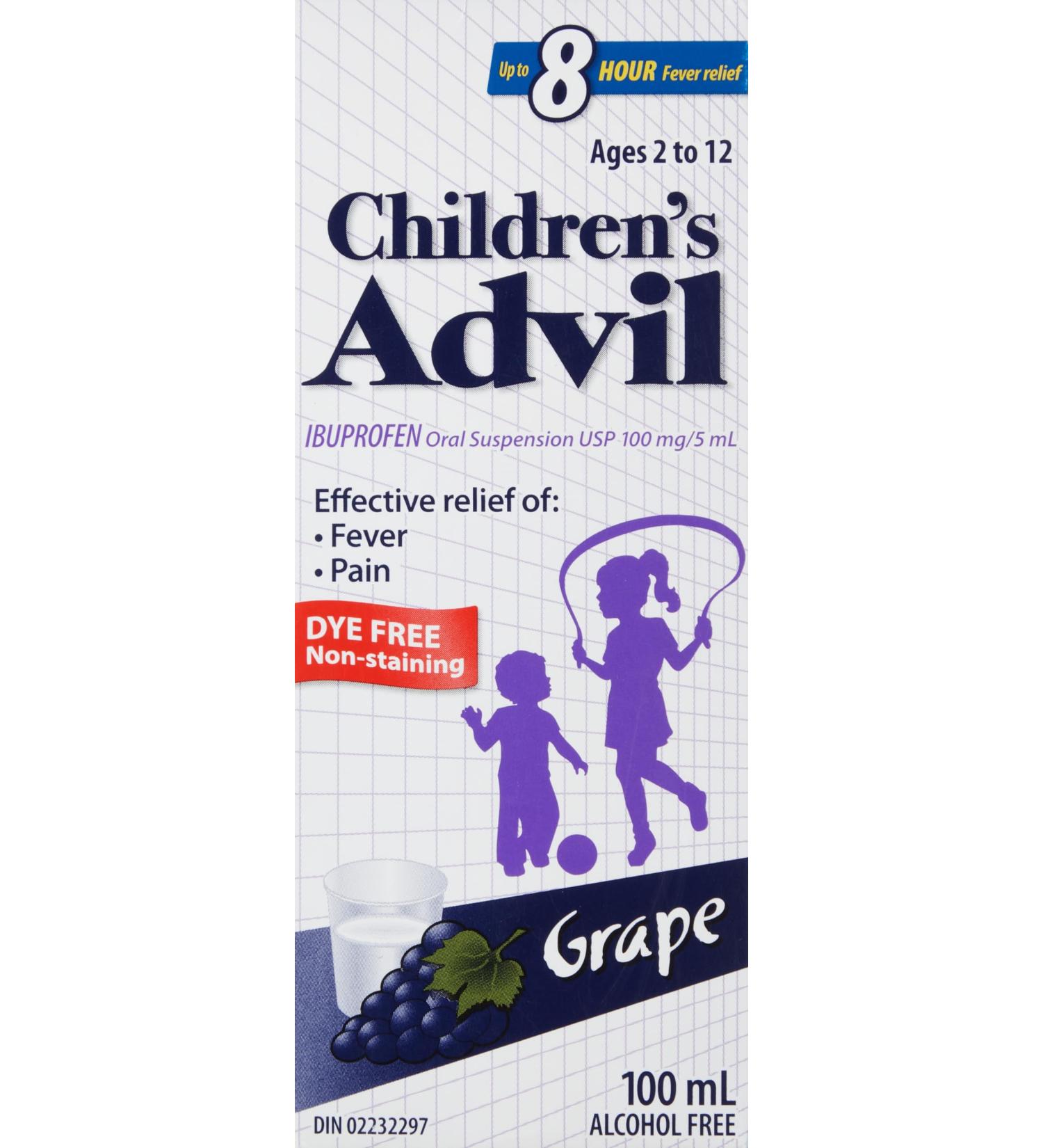 Children's Advil (100 ML Grape Flavour) Ibuprofen Suspension Dye Free Temporary Fever Reducer 100 ml (Pack of 1) Grape - Buy Online on GoSupps.com