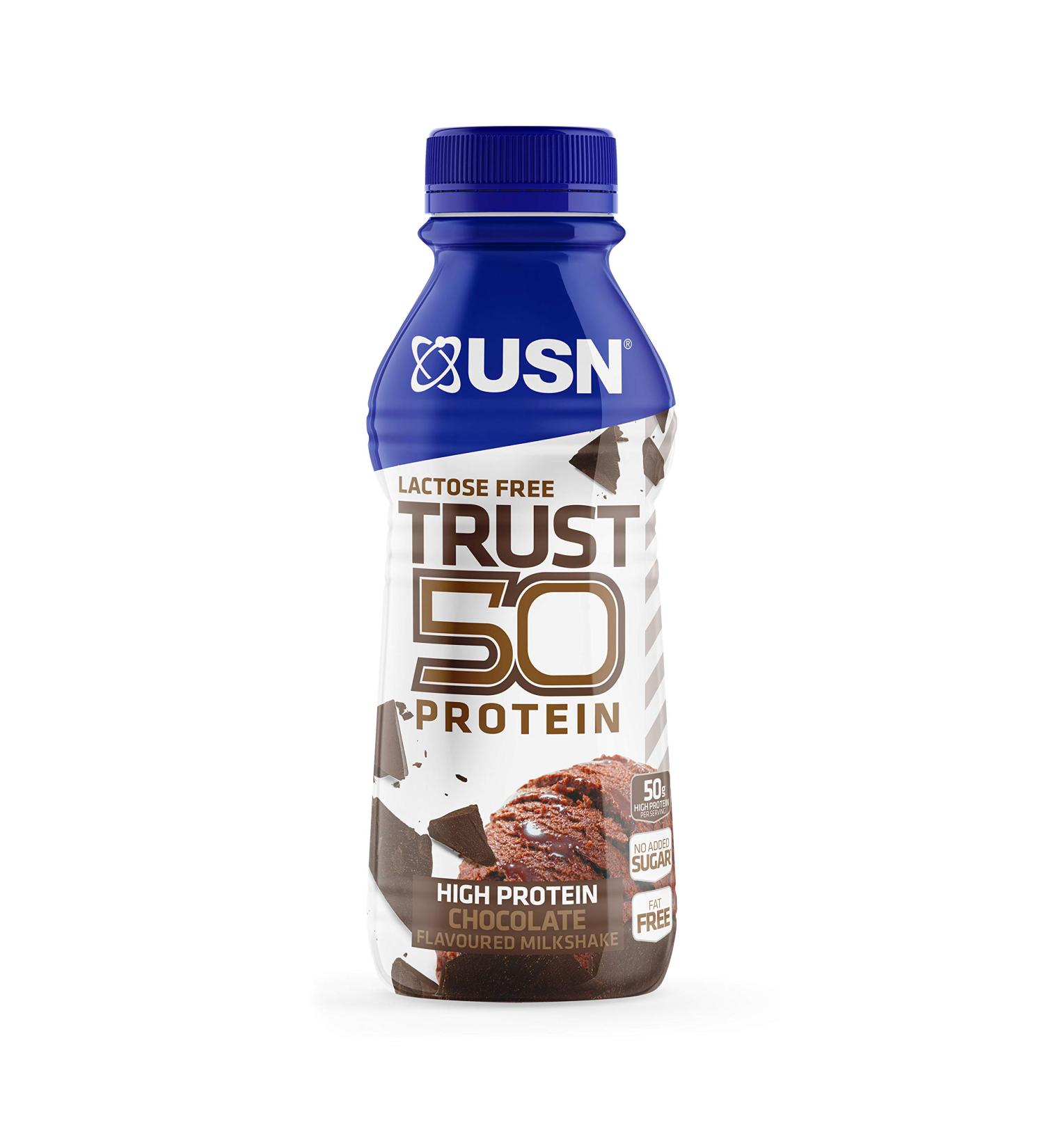 USN Trust 50 Protein Ready-to-Drink Bottle: 6 x 500ml high protein recovery drink, chocolate flavour.