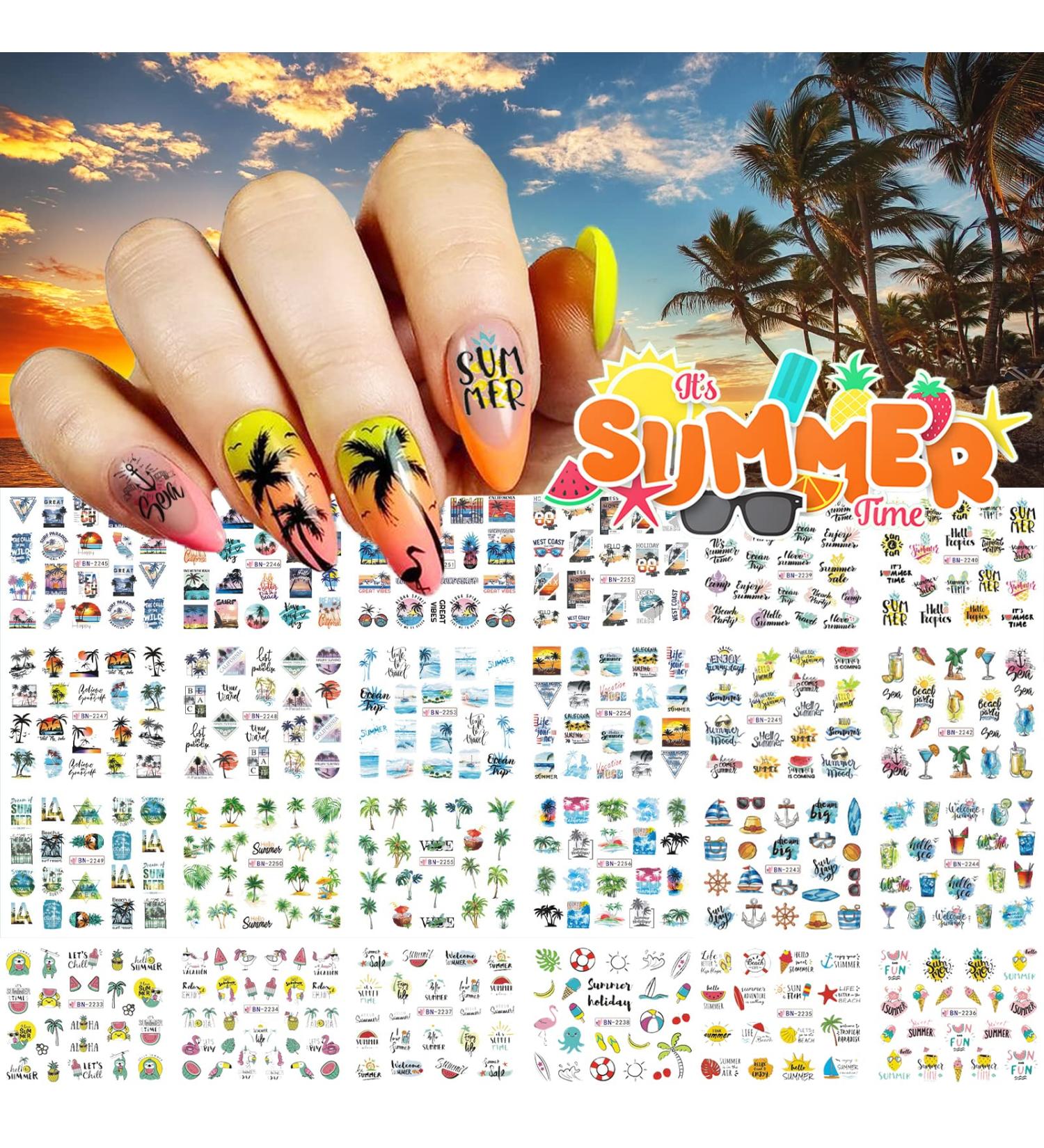 Summer Nail Art Stickers - Palm Tree Beach Water Transfer Decals - Anchor Design Manicure Decorations - 24 Sheets - Buy Online on GoSupps.com
