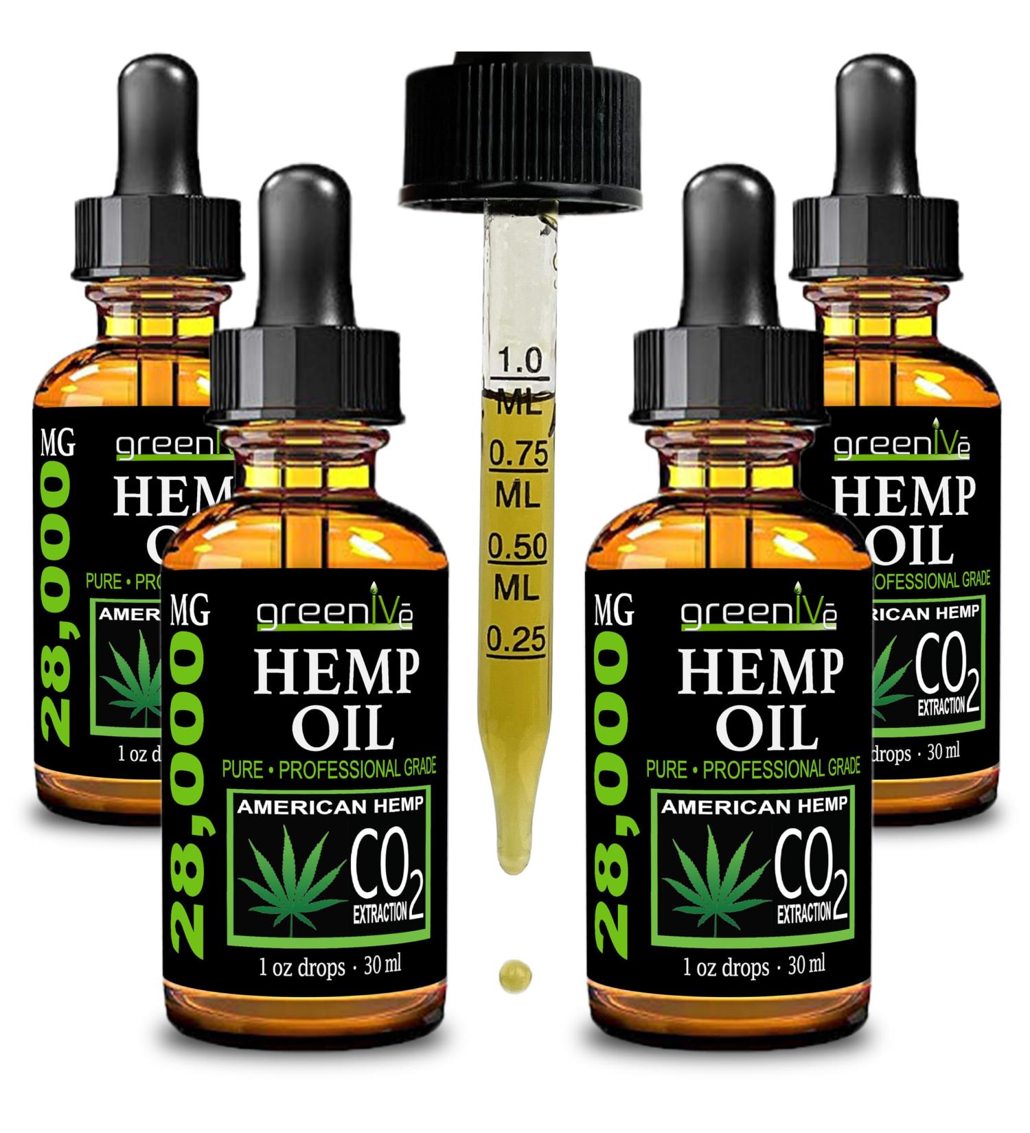 GreenIVe Hemp Oil Drops 28 000mg Naturally Grown Vegan Rich in Omegas Premium Hemp Oil Dropper Non-GMO Made in USA 30mL (4 Pack) - Buy Online on GoSupps.com