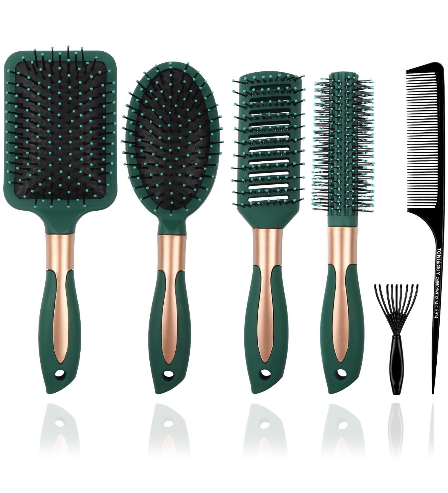 6 Pcs Mens Paddle Hair Brush Comb Set - No Tangle Wet Hair Brushes for Long Curly or Straight Hair - Dark Green - Buy Online on GoSupps.com