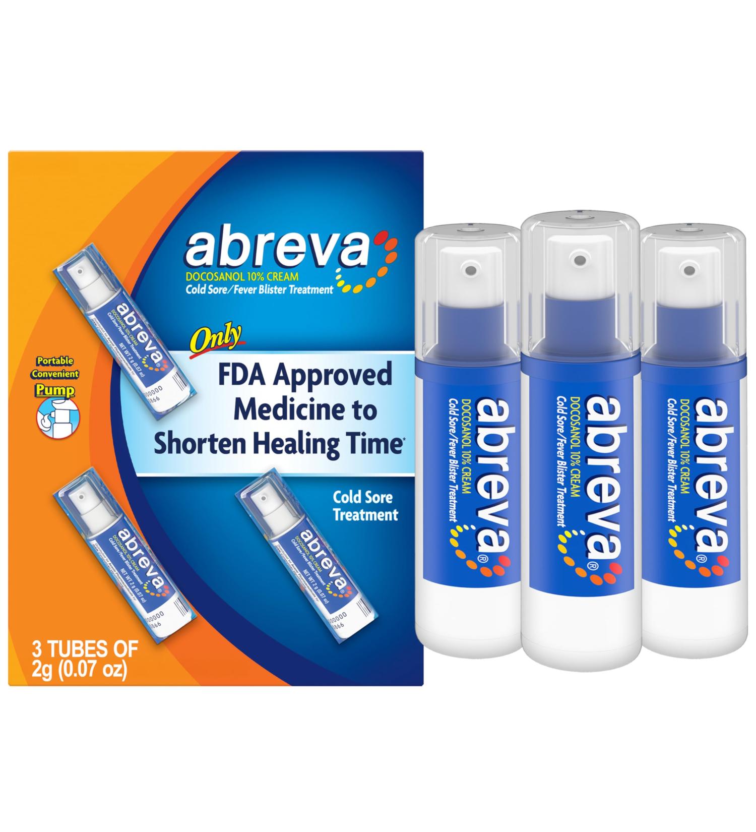 Abreva Docosanol 10% Cream Cold Sore Treatment Fever Blister and Cold Sore Cream - 0.07 Oz Pump Bottle x 3 - Buy Online on GoSupps.com
