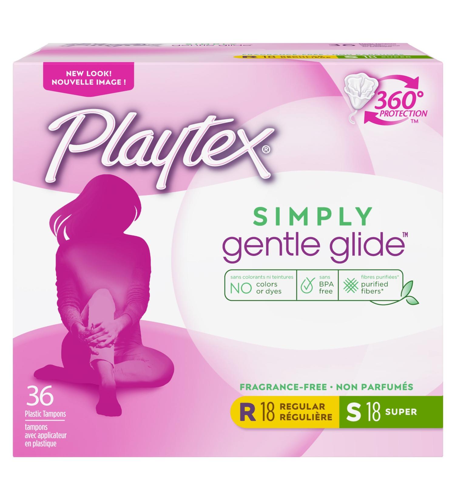 Playtex Simply Gentle Glide Tampons Multipack - 36ct (18ct Regular/18ct Super Absorbency) Fragrance-Free - Buy Online on GoSupps.com