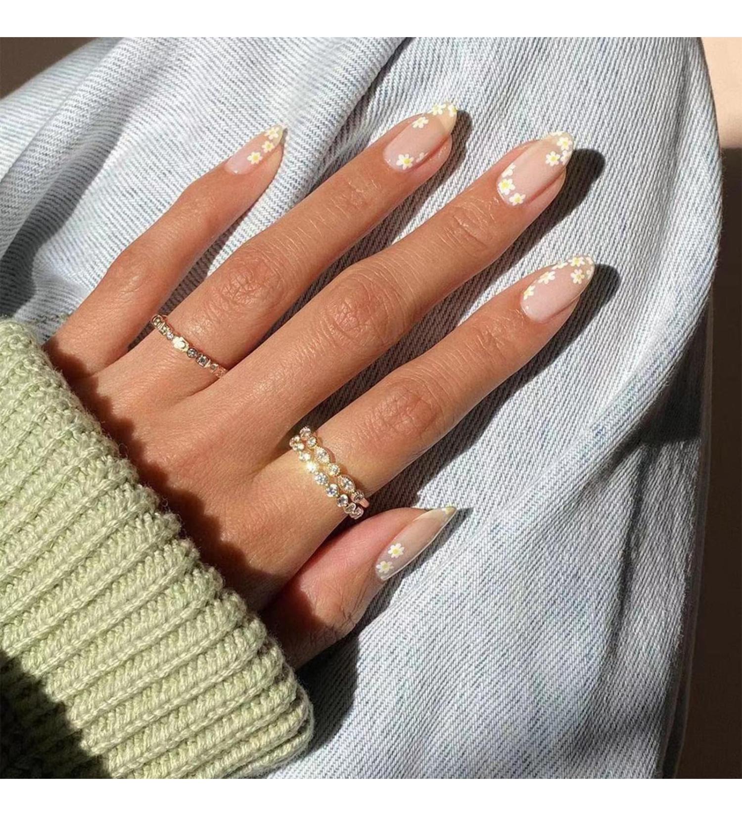 24pcs Short Almond Nude Stick on False Nails with Flowers Pattern - Removable Press on Nails for Women and Girls | Nail Art Accessories - Buy Online on GoSupps.com