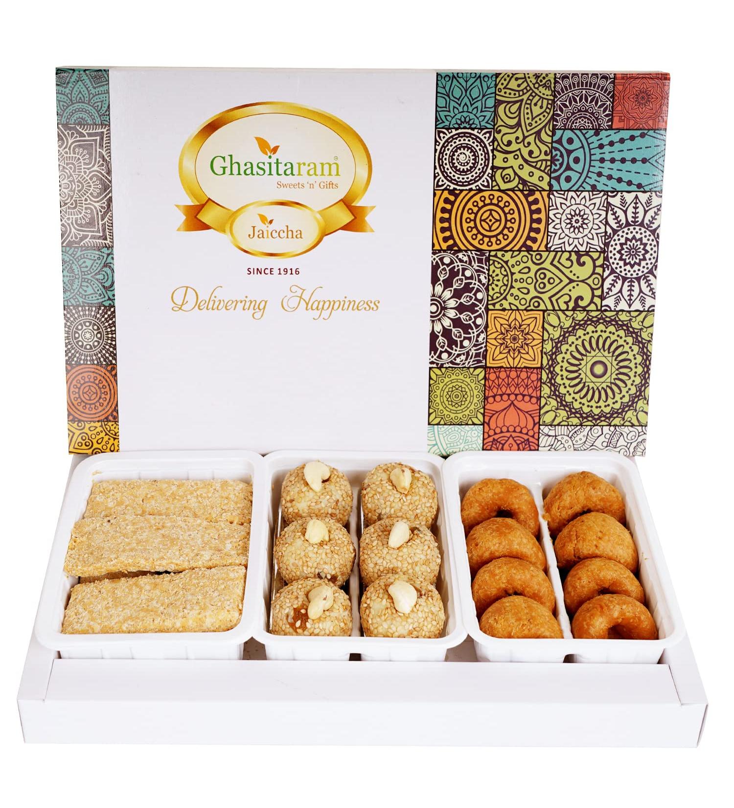 Ghasitaram Gifts Lohri Gifts Assortment of Khasta Gachak Khajoor and Mawa Til Laddoo 600 GMS - Buy Online on GoSupps.com
