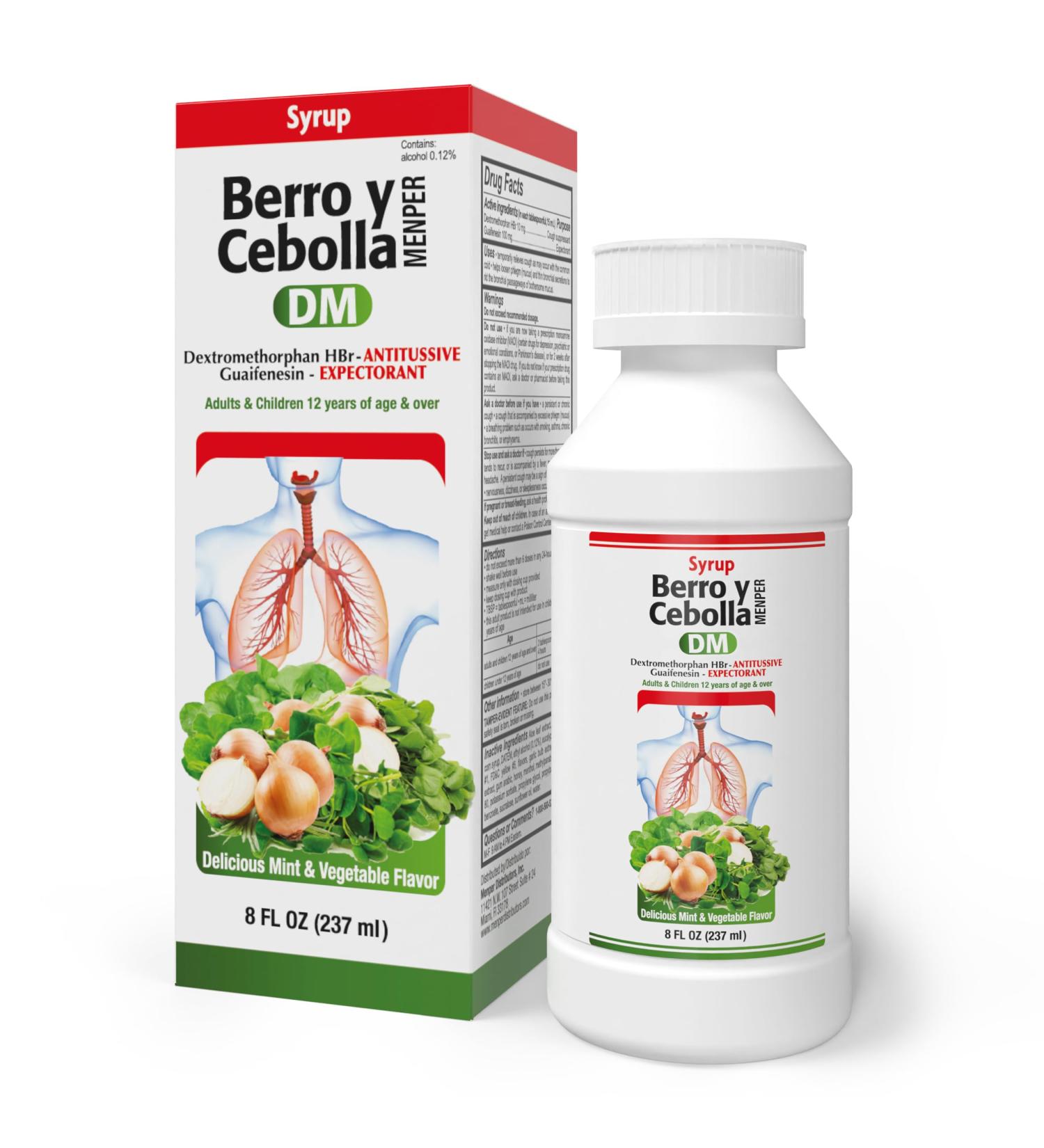 Menper Jarabe Berro y Cebolla DM Herbal Cough Suppressant and Expectorant with Dextromethorphan, Guaifenesin, Onion, Ginger, and Honey Natural Chest Congestion Relief 8 Fl Oz | 1-Pack - Buy Online on GoSupps.com