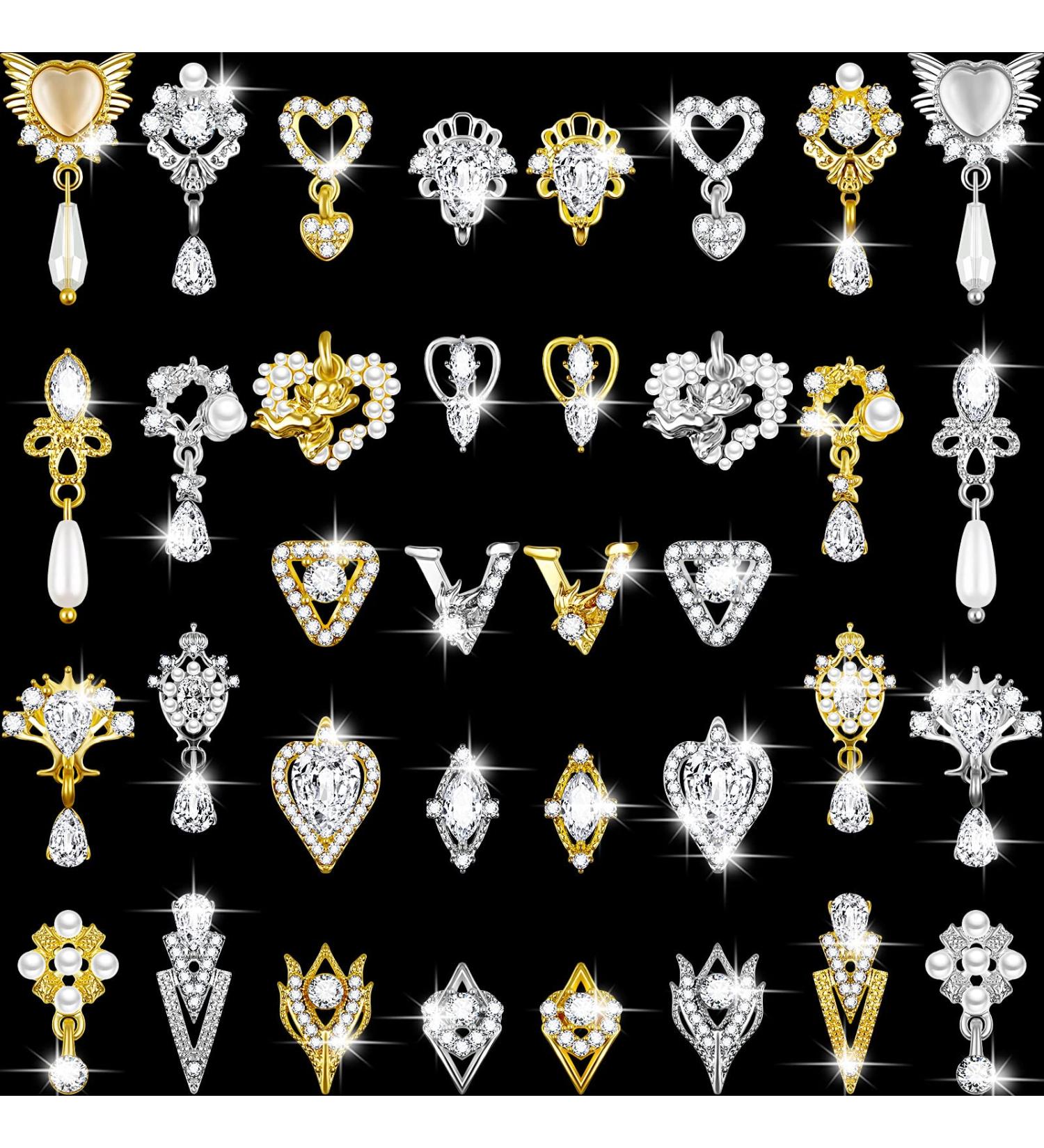 36 Pieces Heart Nail Art Rhinestone Charms - 3D Dangle Gems for DIY Nails - Gold & Silver Options - 18 Styles Available - Buy Online on GoSupps.com