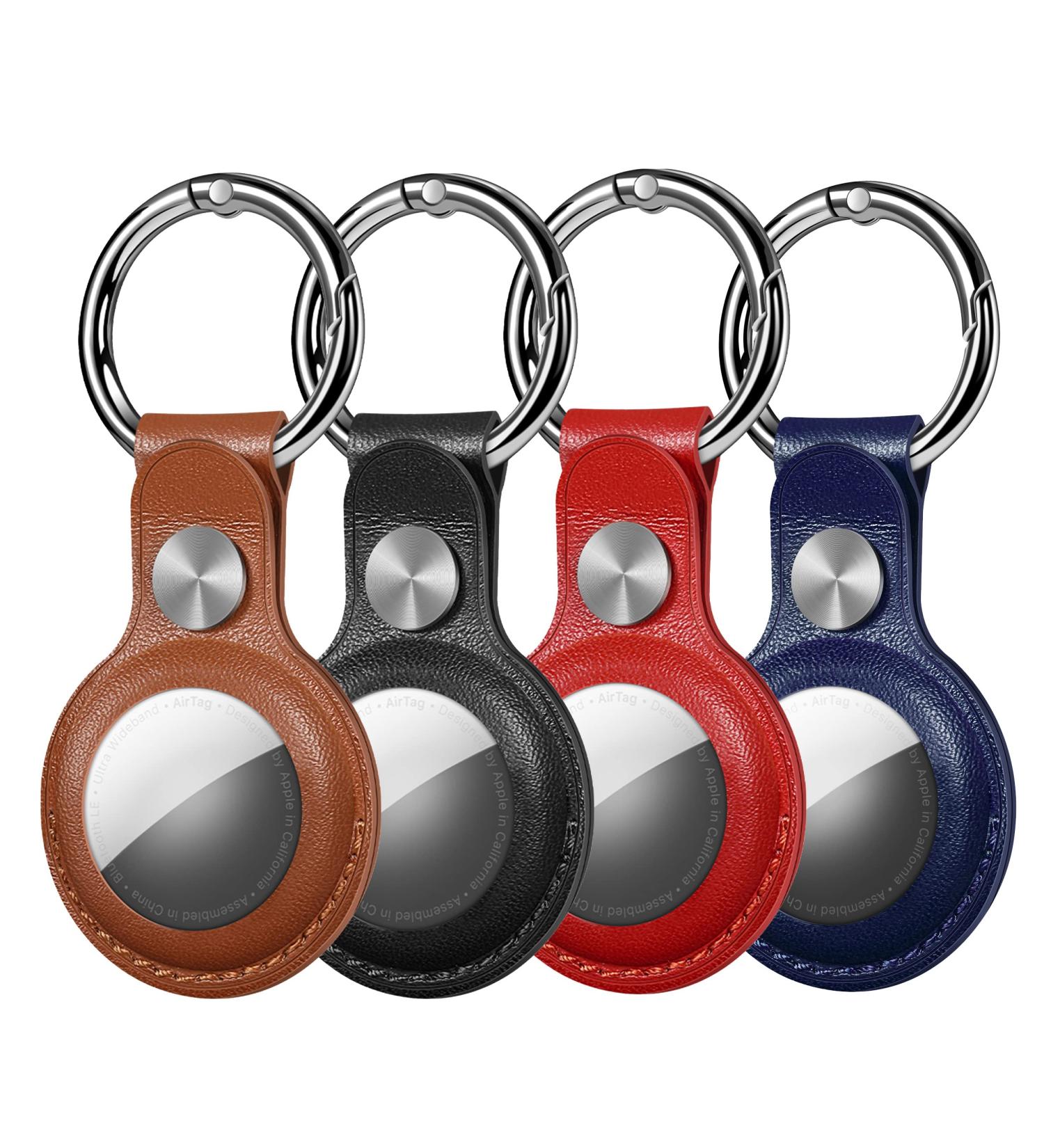 4-Pack Leather AirTag Key Chain Holder - Ultra Tracker Case with Loop Key Ring for Apple AirTags - PU Cover for Wallet/Luggage/Pets - Black/Blue/Brown/Red - Buy Online on GoSupps.com