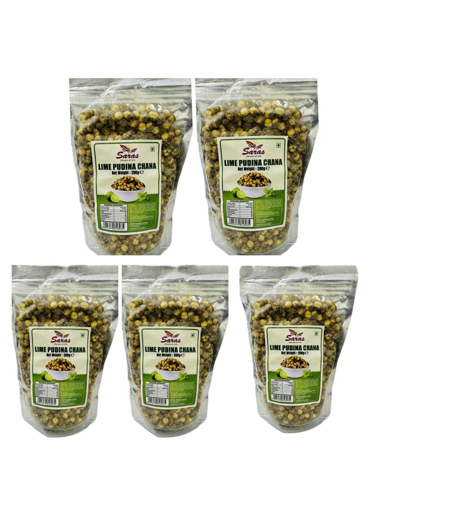 Saras Lime Pudina Chana - 200g (Pack of 5) | Authentic Indian Savory Snack | Crispy and Flavorful | Ideal for Snacking On-The-Go - Buy Online on GoSupps.com