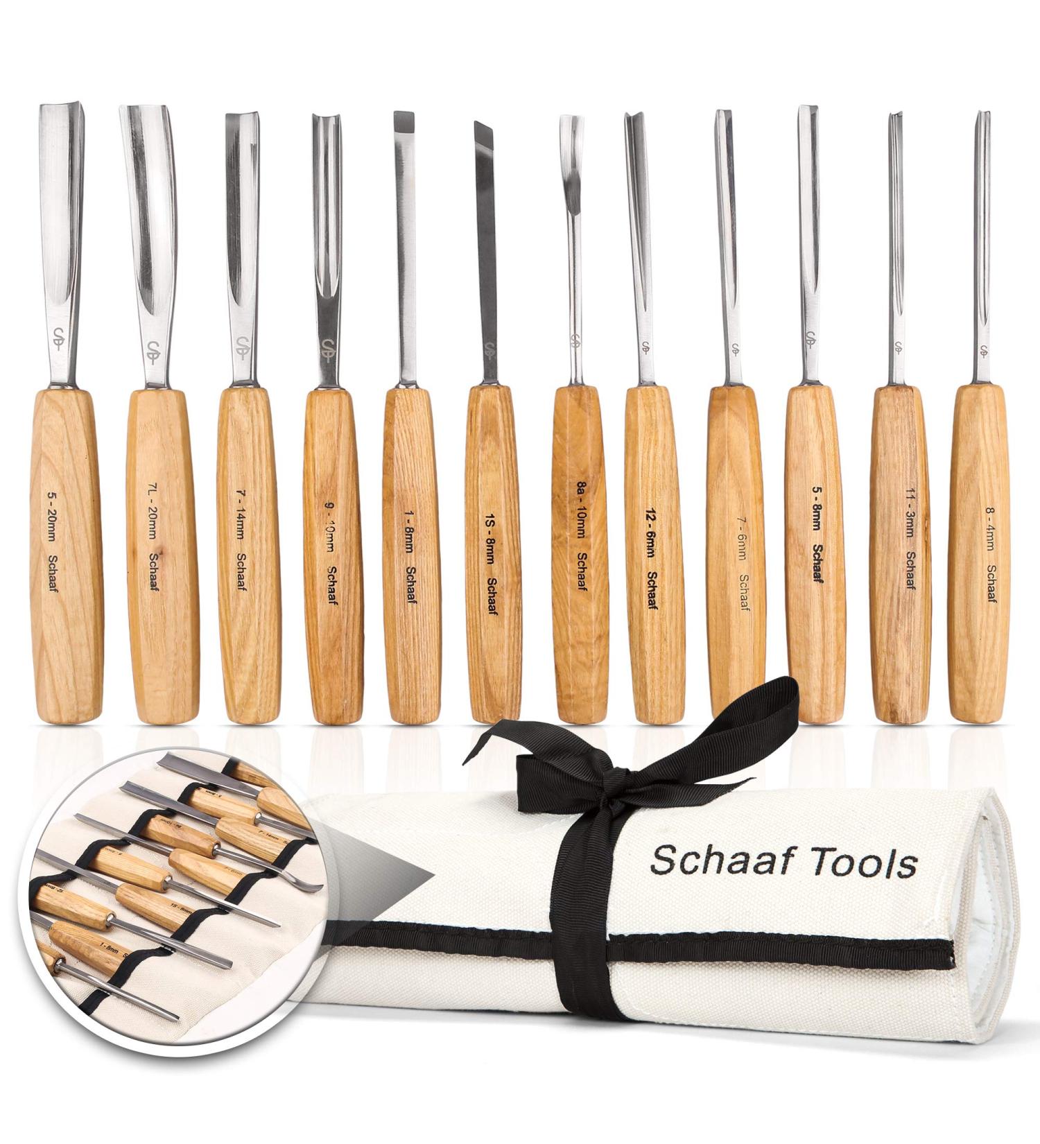 Schaaf Wood Carving Tools Set - 12 Chisels with Canvas Case | CR-V 60 Steel Blades | Woodworking Chisel Set for Beginners & Pros - Buy Online on GoSupps.com