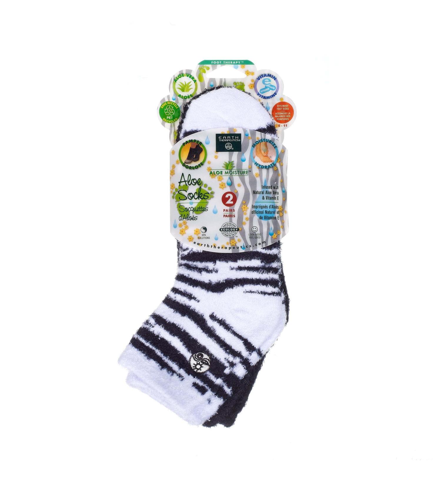 Earth Therapeutics Aloe Vera Socks - Aloe & Vitamin E Infused for Dry Feet & Rough Skin - Zebra/Black, 2 Pairs - Buy Online on GoSupps.com