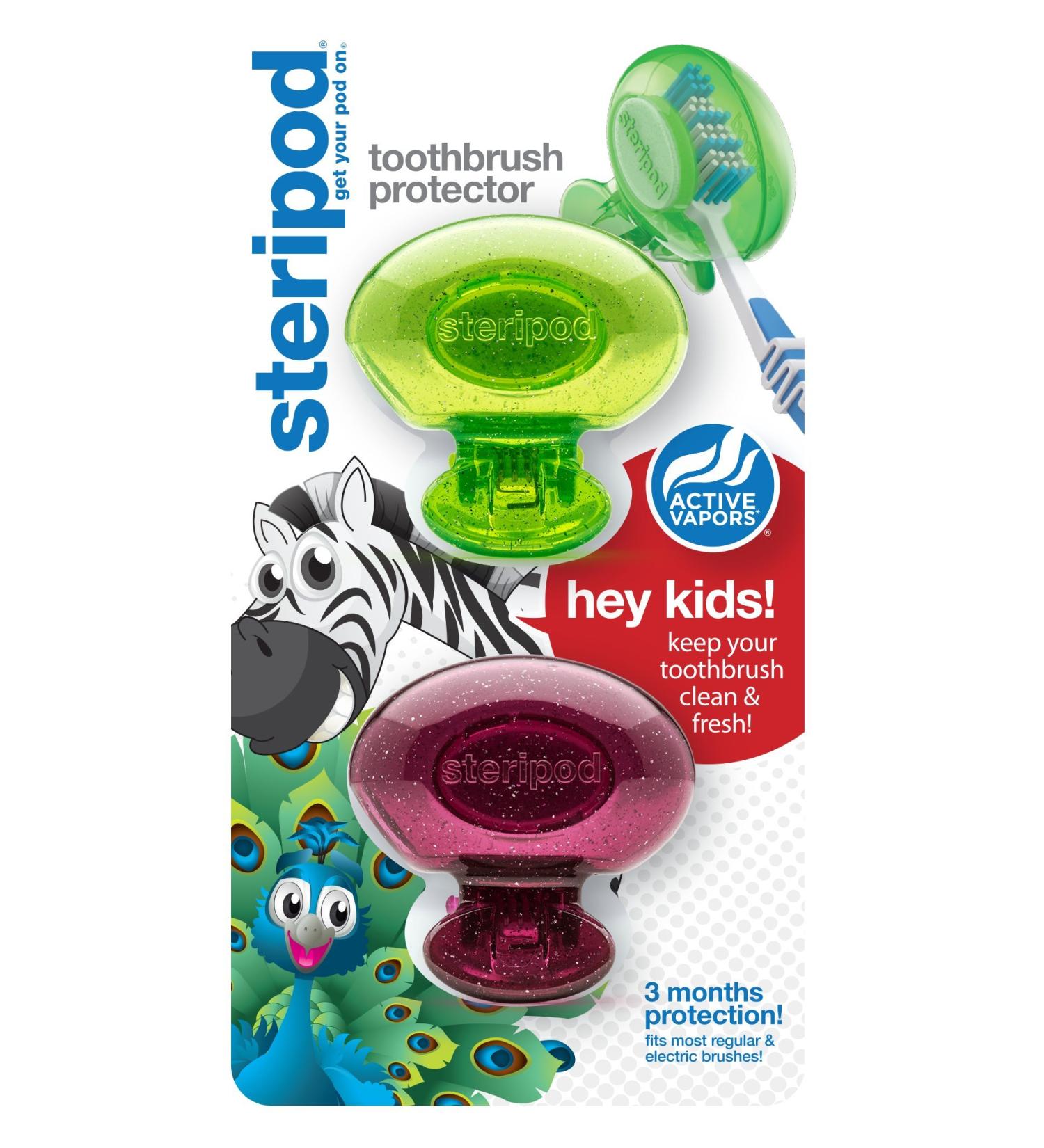 Steripod Kids Clip-On Toothbrush Protector - 2-Pack Purple & Green Glitter Pods - Buy Online on GoSupps.com