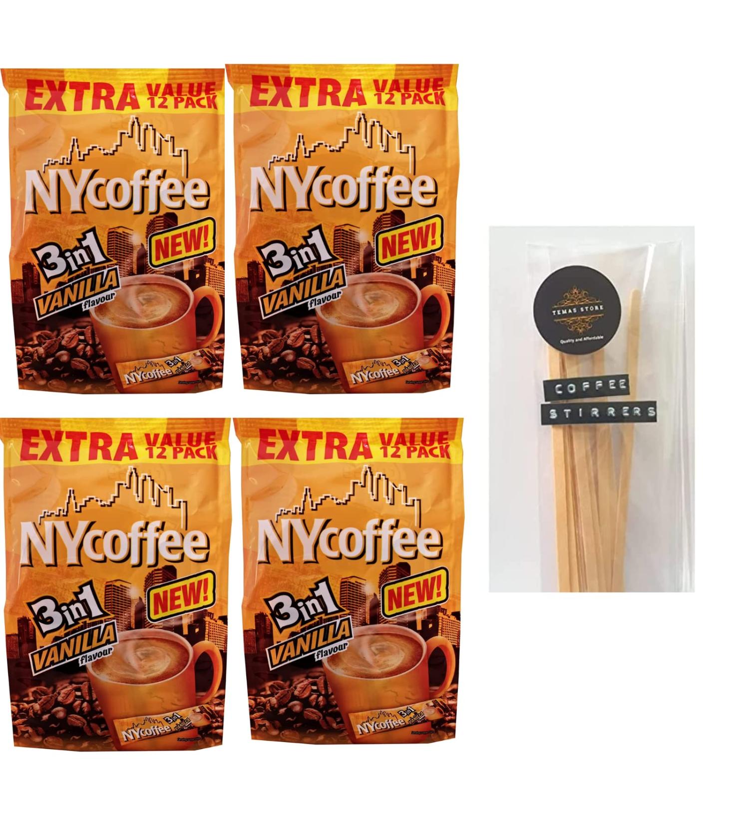 NYCoffee 3 in 1 Sachets (48) Vanilla Flavour Bundled With Temas Store 48 Coffee Stirrers| Vanilla Coffee Sachets Individually Wrapped | Add Hot Water & Stir |Instant Coffee Gifts For Coffee Lovers - Buy Online on GoSupps.com