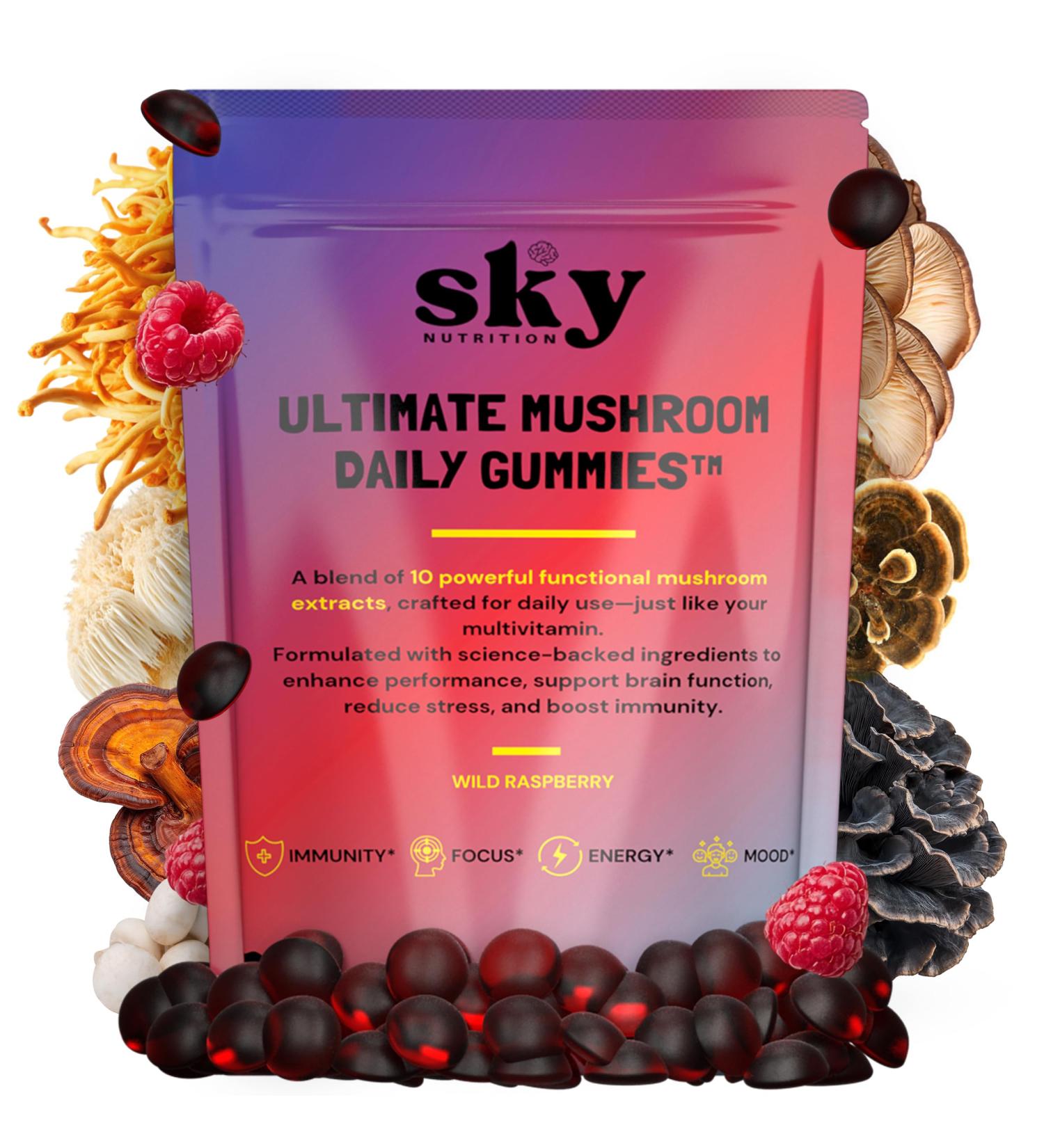 SKY NUTRITION Mushroom Gummies - 10-in-1 Adaptogenic Mushroom Supplement for Adults - Lions Mane, Reishi, Cordyceps, Chaga, Turkey Tail - Raspberry Flavored Vegan Gummies for Focus & Energy - 60 Ct. - Buy Online on GoSupps.com