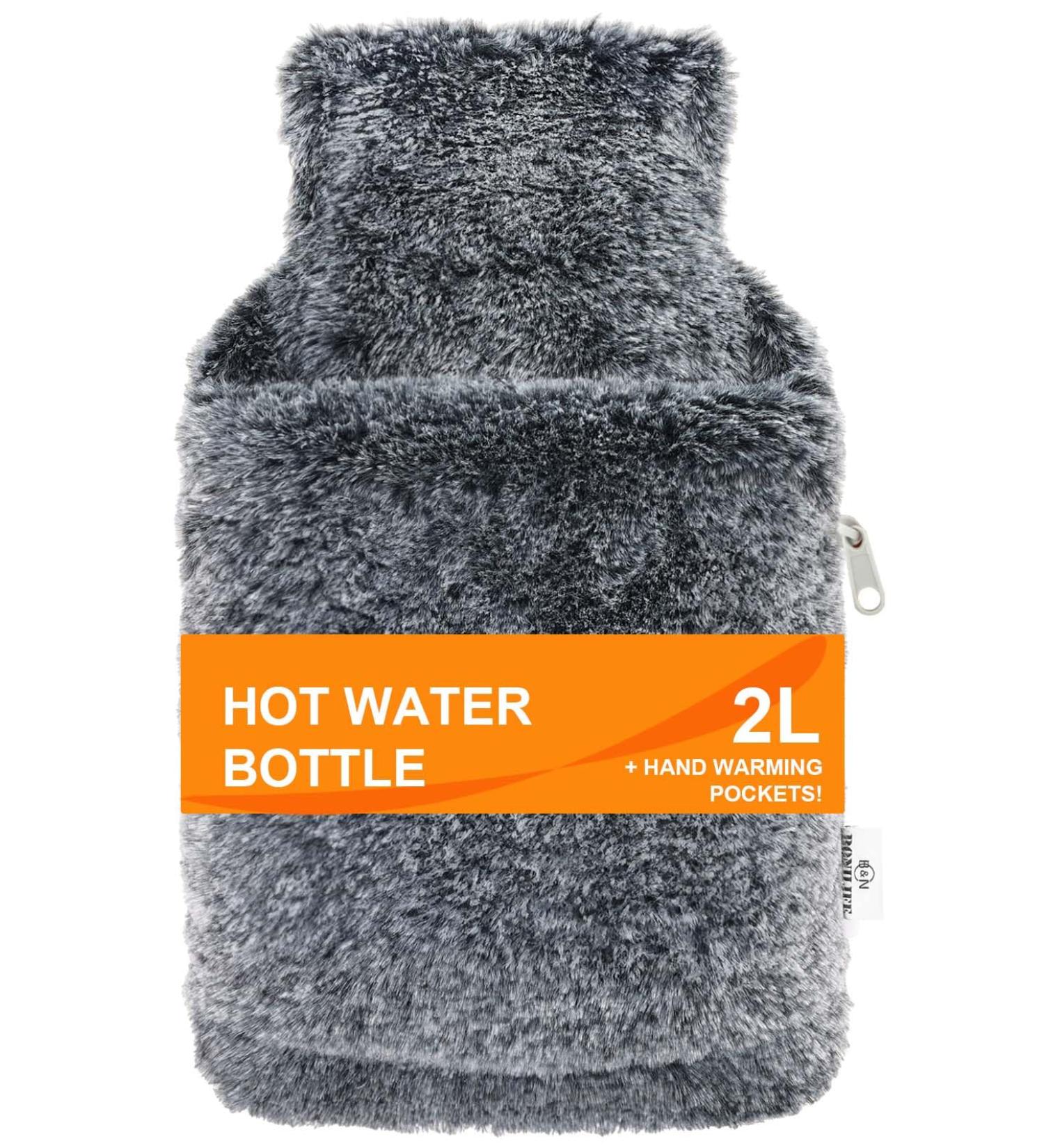 Bonilife 2L Hot Water Bottle with Cover - Large Rubber Hot Water Bag for Pain Relief - Black - Buy Online on GoSupps.com