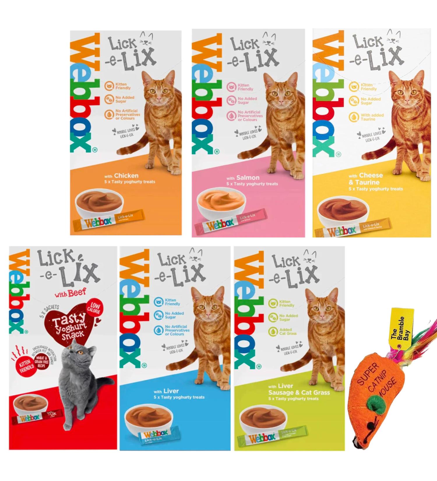 Cat Treats bundle contains Lick e Lix Chicken Salmon Beef Liver Cheese Cat Grass Licky Lix 6x5's Kitten Treat and Snacks Lick-e-Lix Total 30 sachets and our Catnip mouse toy - Buy Online on GoSupps.com