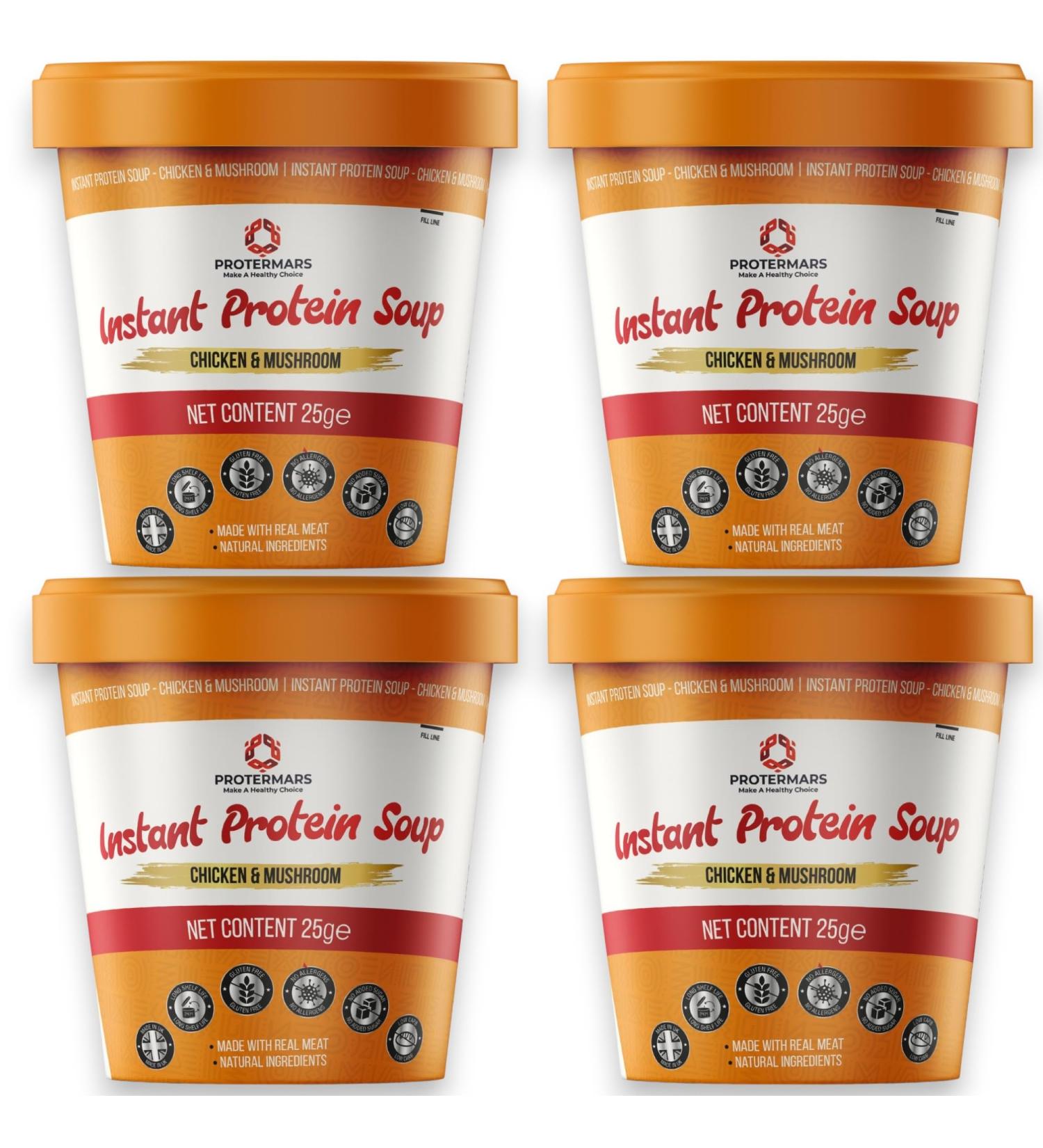 Protermars Instant Protein Chicken & Mushroom Soup 25g Low Carb Gluten Free Allergen Free Real Meat Keto Friendly Pack of 4 - Buy Online on GoSupps.com