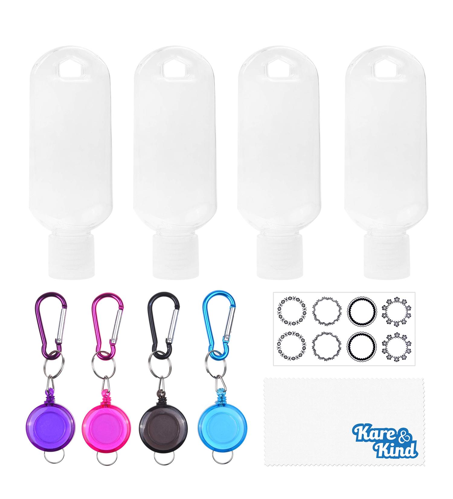 Kare & Kind Clear Portable Travel Bottles - 4 Empty Containers with Carabiner/Retractable Lanyard - 50 ml - for Hand Sanitizers, Rubbing Alcohol, Toiletries - Buy Online on GoSupps.com