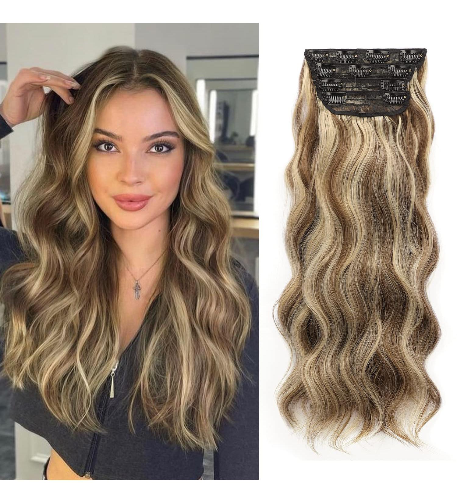 Nnzes Clip in Long Wavy Hair Extension 4PCS Thick Brown mix Blonde Double Weft 20 Inch Synthetic Hair Extension for Women - Buy Online on GoSupps.com