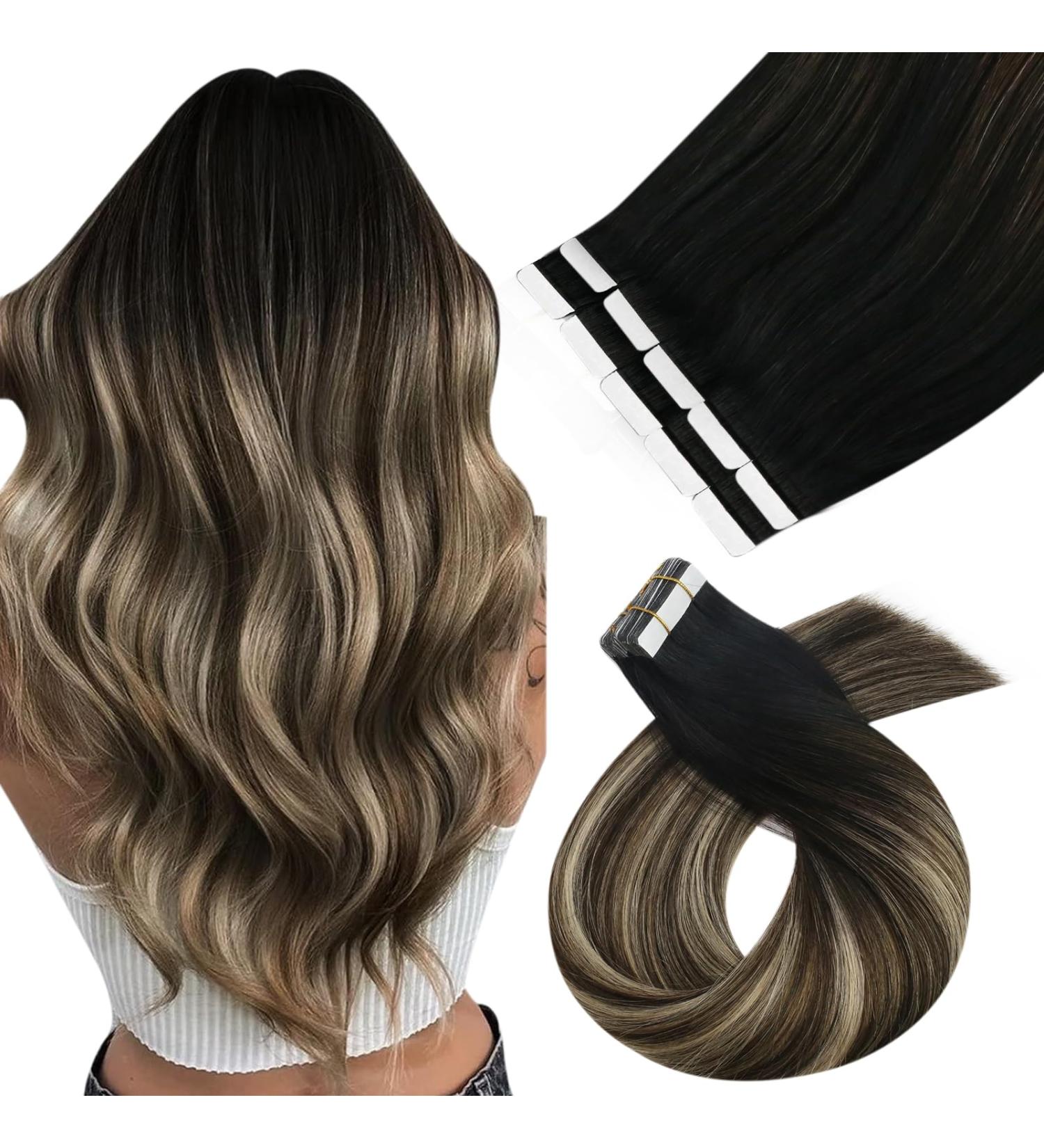 Moresoo Invisible Tape-In Hair Extensions - Real Hair 35cm - Black to Dark Brown with Caramel Blonde - 10 Pieces 25g #1B/3/27 - Premium Quality Adhesive Tapes - Buy Online on GoSupps.com