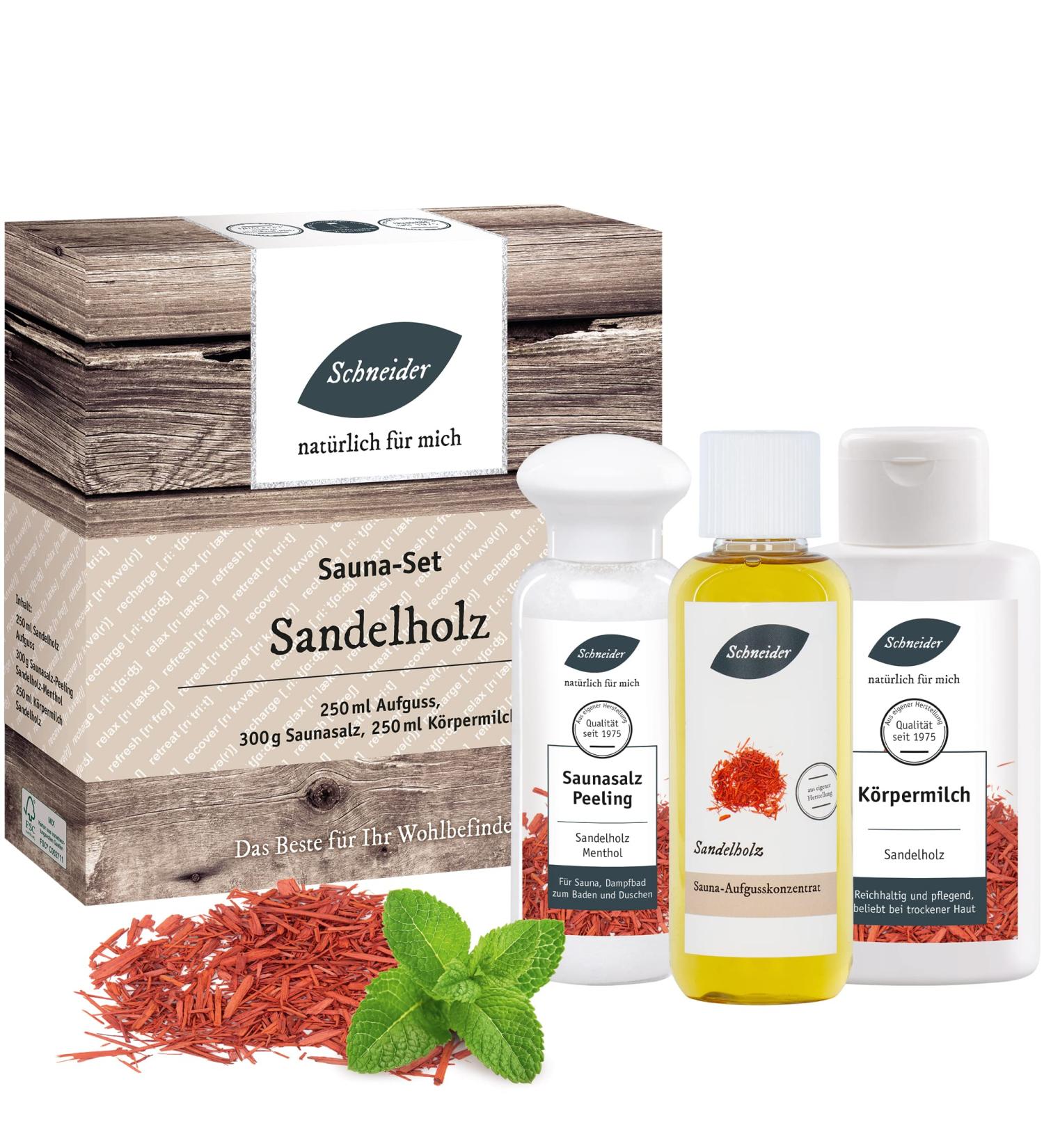 Shop Saunabedarf Schneider Sandalwood Sauna Set - 250ml Infusion 300g Sauna Salt Peeling & 250ml Body Milk | Perfect for Relaxation & Wellness - Buy Online on GoSupps.com