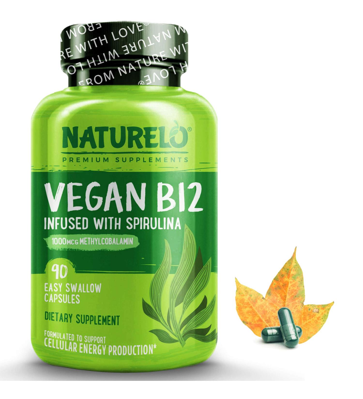NATURELO Vegan B12 1000 mcg Methylcobalamin with Organic Spirulina - 90 Capsules - Supports Mood, Energy, Heart & Eye Health - Buy Online on GoSupps.com