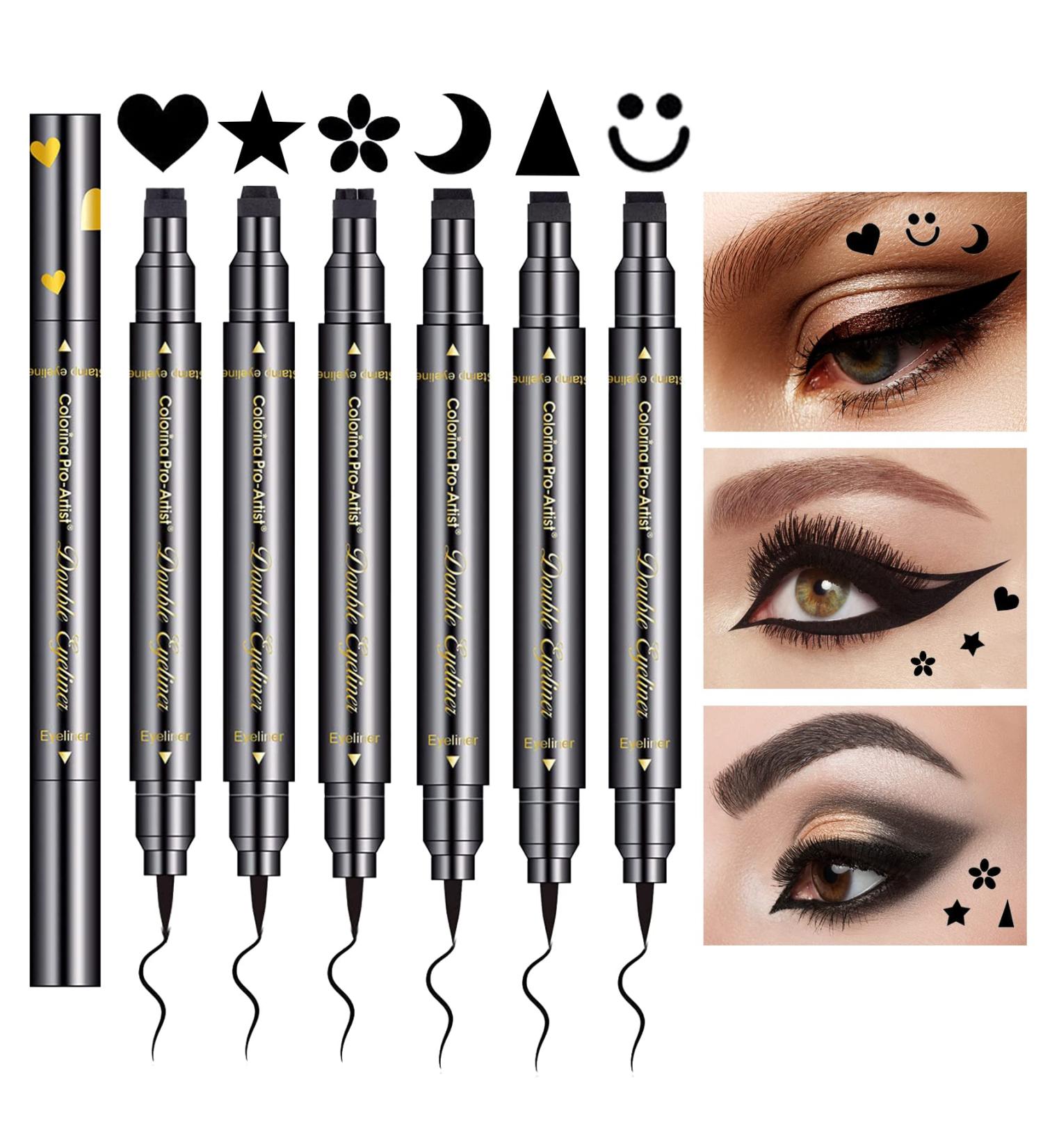QIUFSSE 6pcs Double-headed Liquid Eyeliner Stamp Set for Women - Waterproof, Smudgeproof, Long Lasting - Love Flowers Moon Stars Smiley Triangles - Buy Online on GoSupps.com