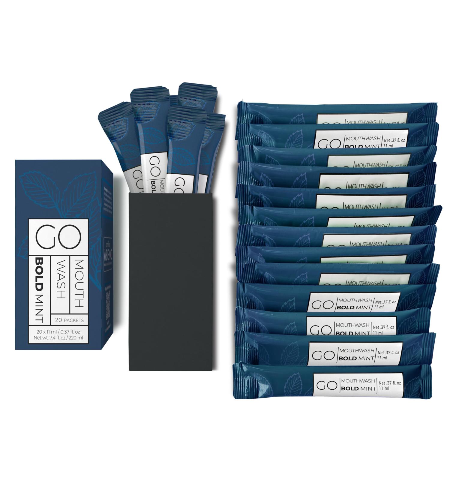 BOLD Mint GO Travel Size Mouthwash Packets BOLD Mint Individual Mini Mouthwash for Fresh Breath - Smart Packet Design to reduce travel bottle waste -BOLD Mint Flavored Portable Travel Mouthwash Bulk - Buy Online on GoSupps.com