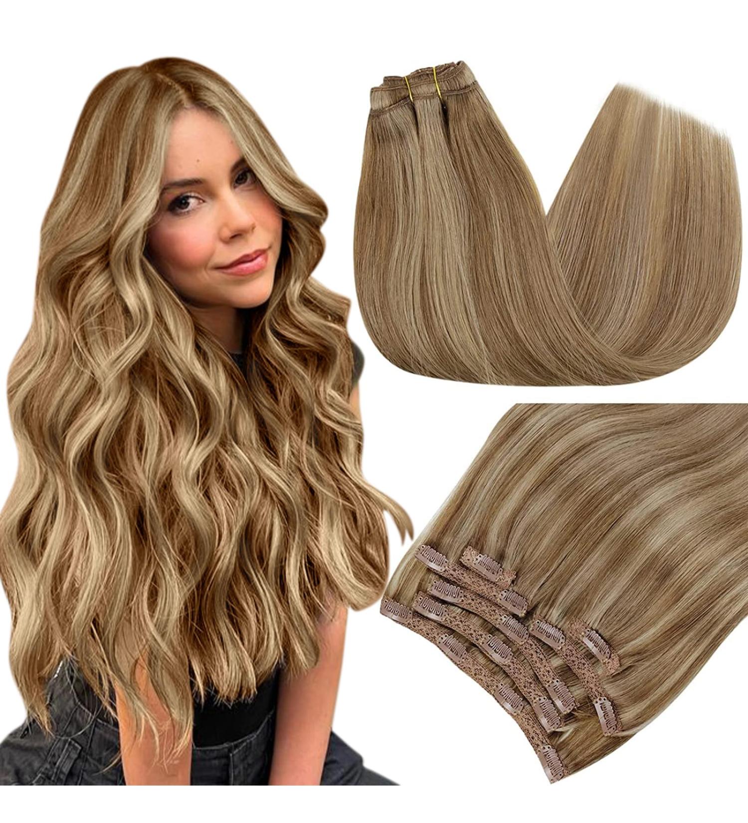 Runature Real Hair Clip-In Extensions - Dark Blonde & Gold Blonde Remy Human Hair Seamless Short 14 Inch - 120g 7 Pieces (#10P16) - Buy Online on GoSupps.com