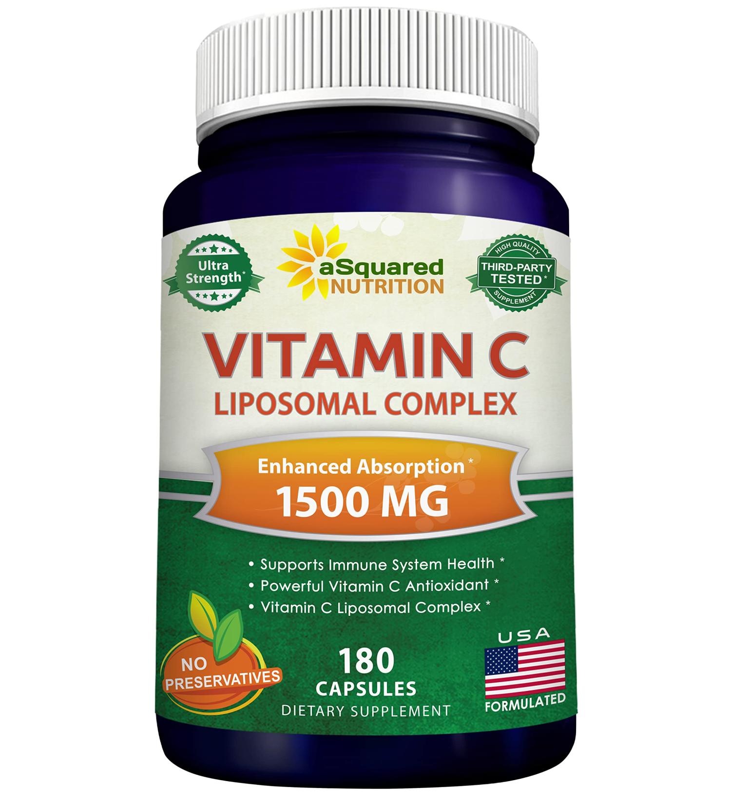ASquared Nutrition Vitamin C Liposomal Complex 1500mg - 180 Capsules for Immune Support & Collagen Health - High Absorption Ascorbic Acid Supplement - Buy Online on GoSupps.com