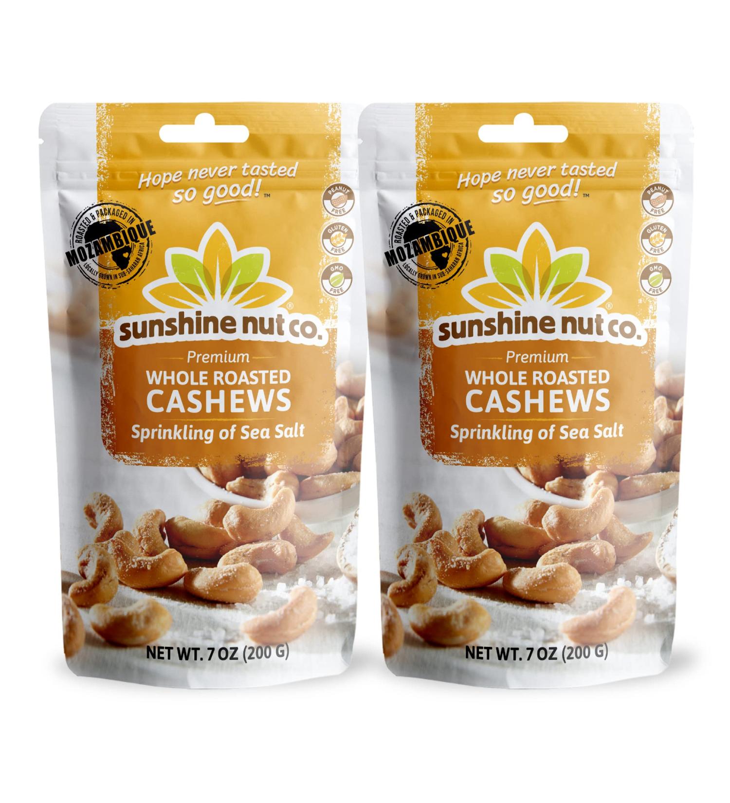 Sunshine Nuts Co. Whole Roasted Lightly Salted Cashews - Gluten Free, Peanut Free, Vegan Snack Packs - GMO Free - 2 Pack, 7 oz. Each - Buy Online on GoSupps.com