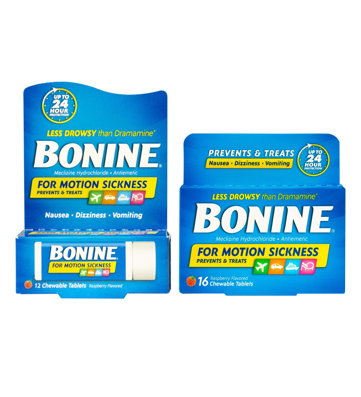 Bonine Motion Sickness Relief Tablets - 25mg Meclizine - Non-Drowsy - Raspberry Flavor - 16ct + 12ct Chewables - Buy Online on GoSupps.com