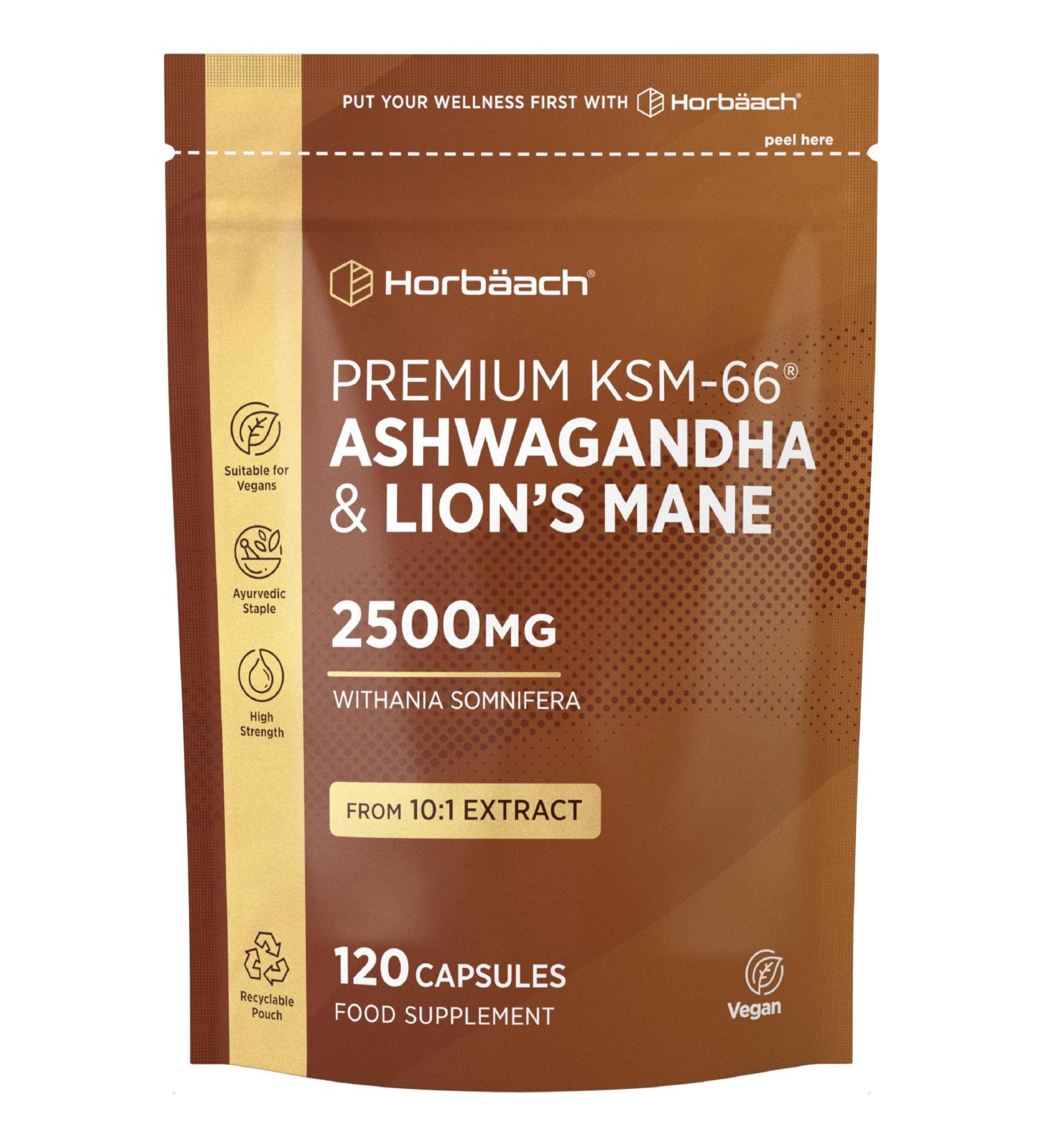 Ashwagandha KSM-66 and Lion's Mane 2500mg Capsules | KSM-66 Ashwagandha Root Extract & Lion's Mane Mushroom Extract Enhanced with Black Pepper | 120 Vegan Capsules | Horbaach - Buy Online on GoSupps.com