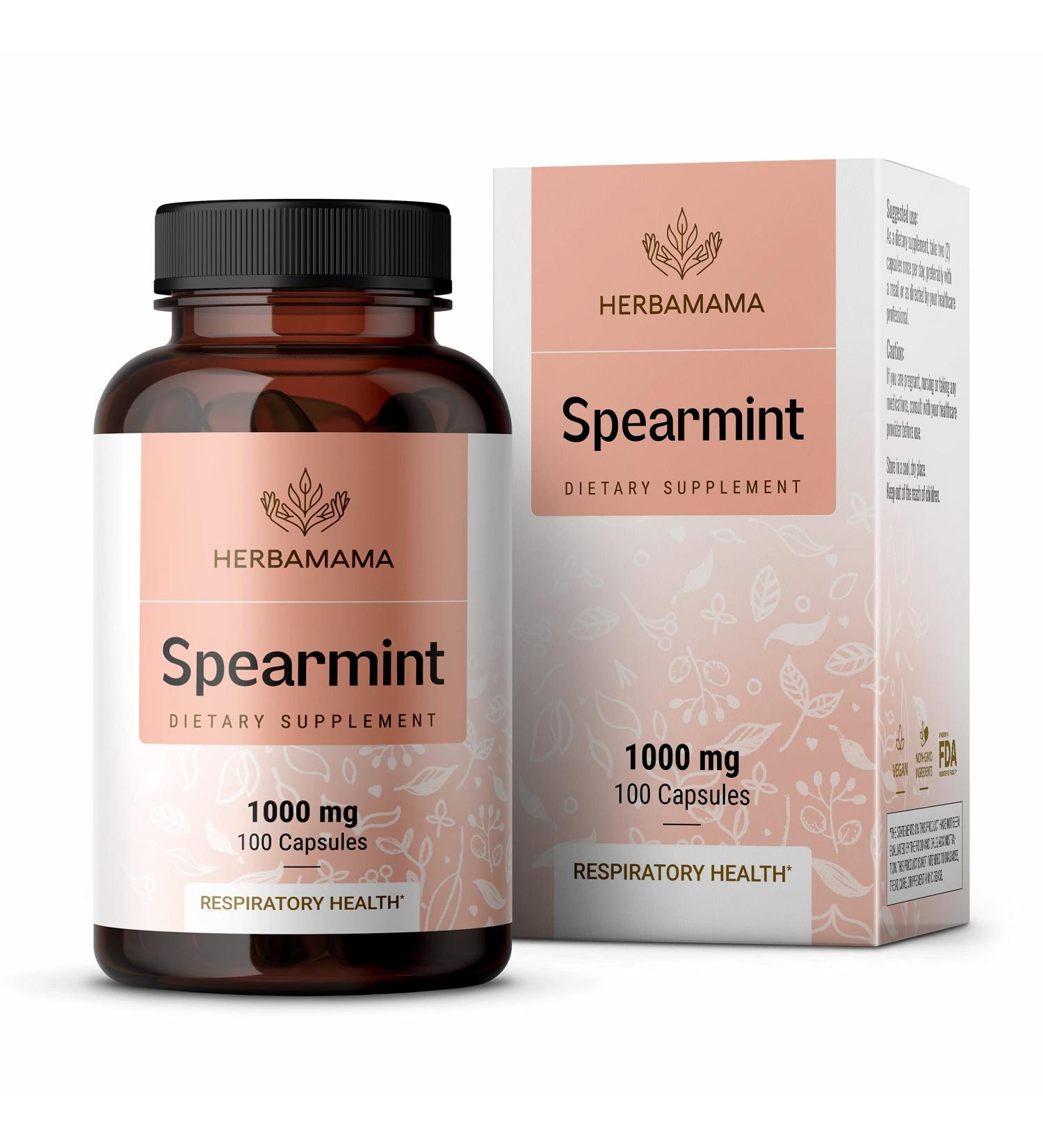 HERBAMAMA Spearmint Capsules 1000mg - Organic Mentha Spicata Supplement for Digestive & Respiratory Health - Vegan & Non-GMO - 100 Count - Buy Online on GoSupps.com