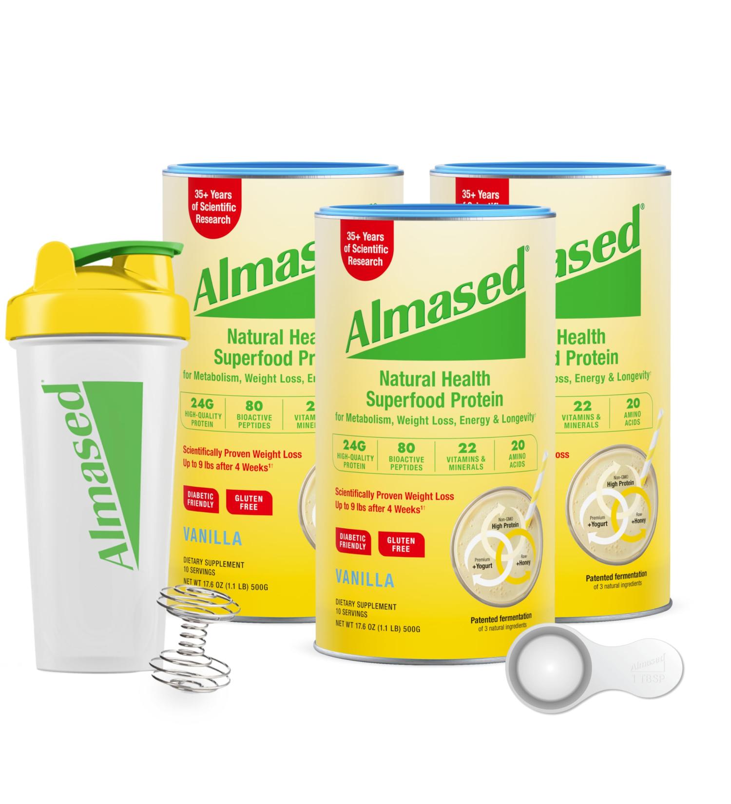 Almased Health & Superfood Protein Powder for Weight Loss Men and Women (3-pack Vanilla + Bottle + Scoop) - Buy Online on GoSupps.com