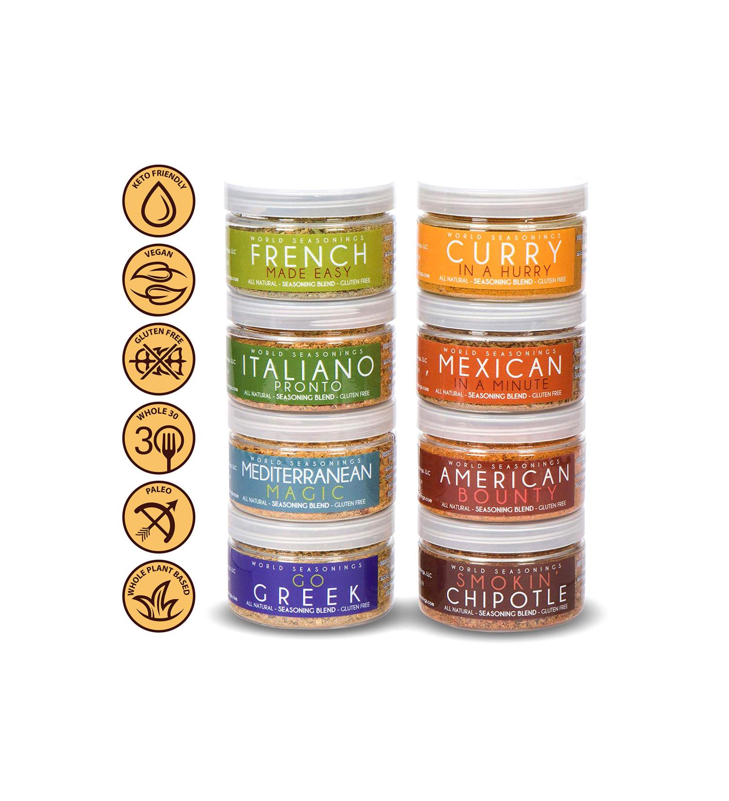 World Seasonings Variety 8 Pack - Greek, Italian, French Fry, Mexican, Chipotle, Curry, Mediterranean, BBQ Dry Rub - Buy Online on GoSupps.com