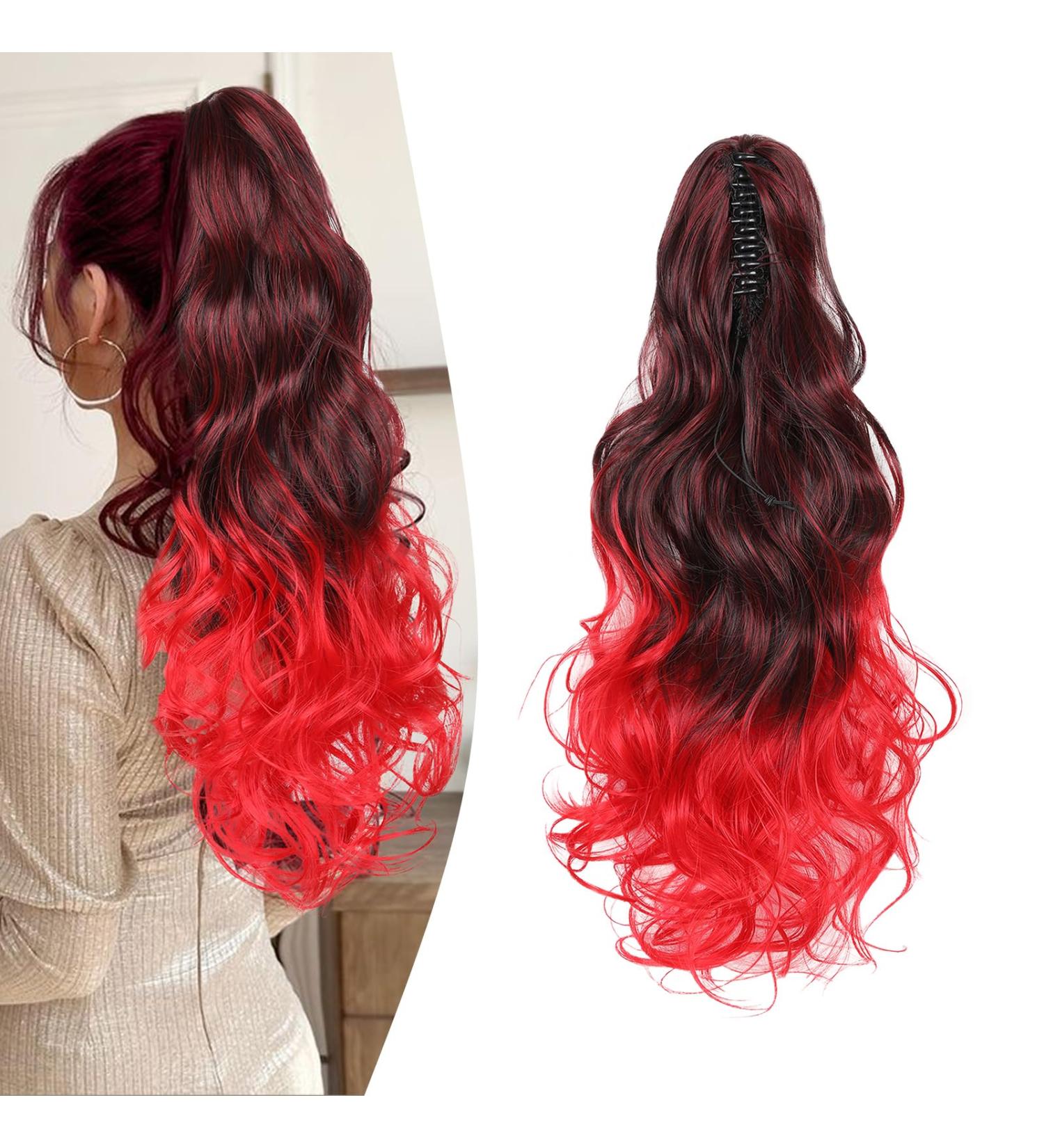 Buy Gairyan 50cm Curly Ponytail Hair Extensions - Black Ombre Red Claw Clip for Women - Long Wavy Synthetic Hair Extensions - Buy Online on GoSupps.com