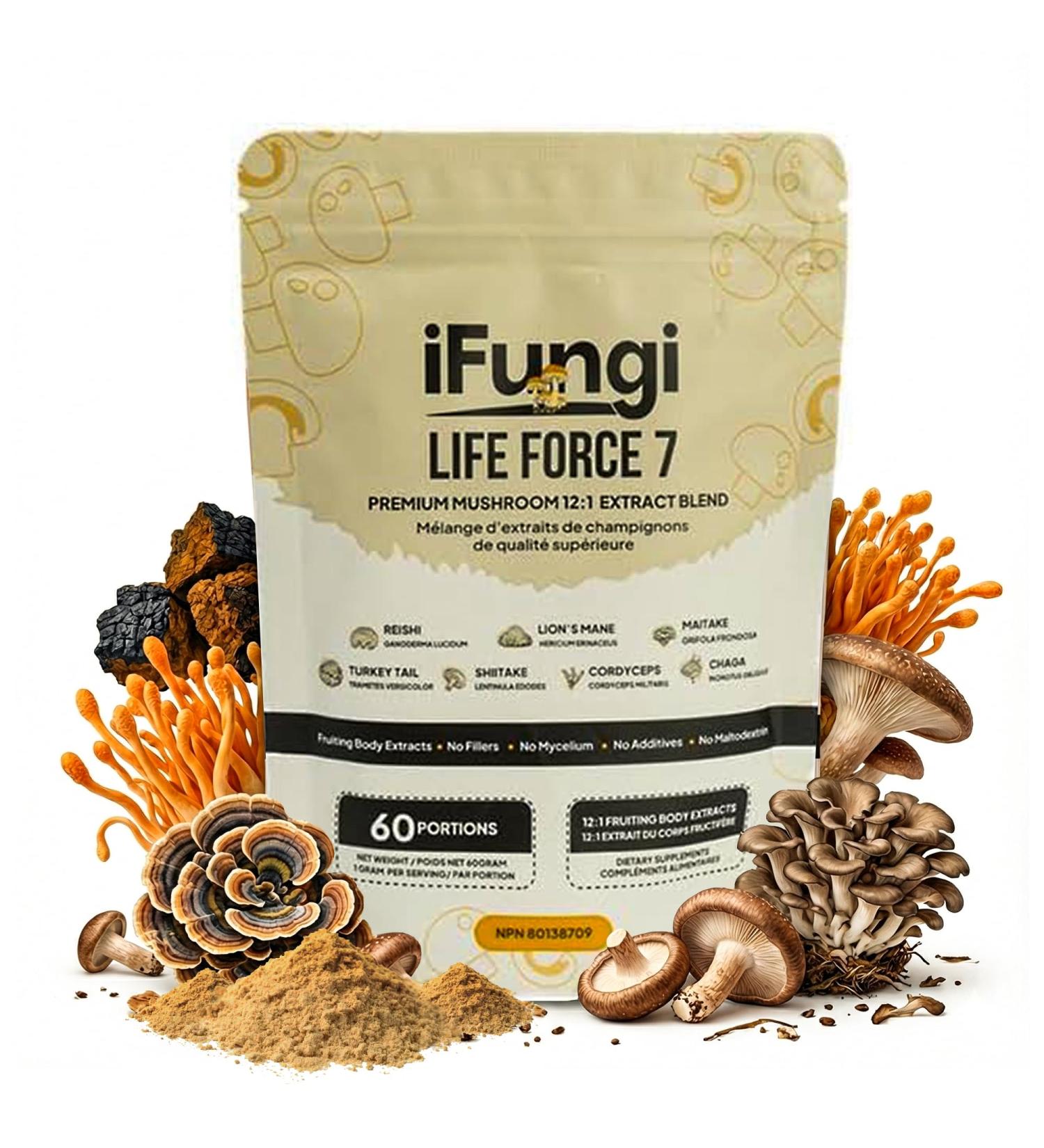 iFungi Life Force 7 Mushroom Blend | 7 Premium Fruiting-Body Extracts 12:1 Concentration | Organic Hardwood-Grown | 1g Daily Serving for Focus Immunity Energy & Healthy Aging (60 g (Pack of 1)) - Buy Online on GoSupps.com