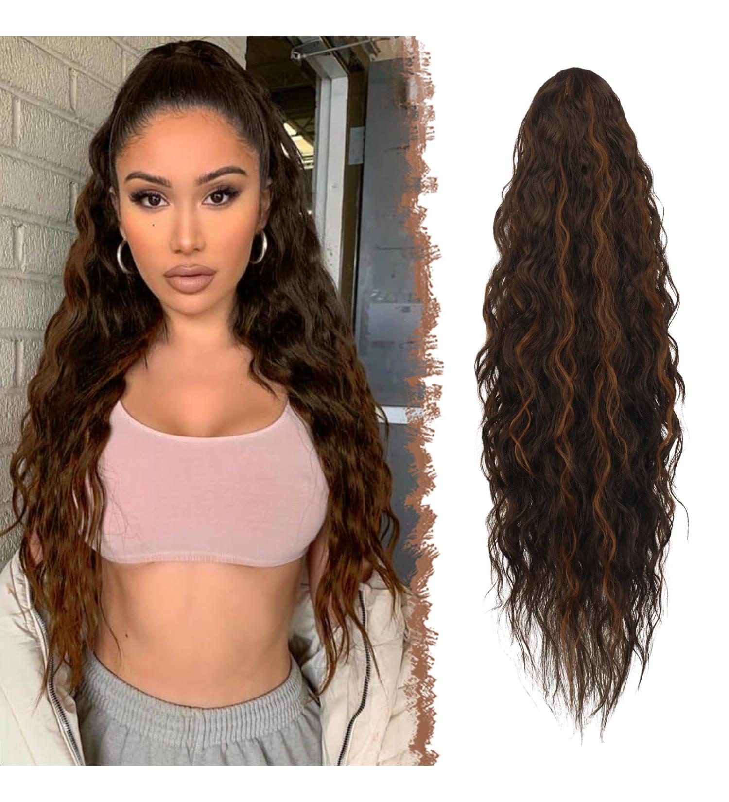 FESHFEN 26 inch Long Curly Wavy Drawstring Ponytail Extensions | Dark Brown and Light Auburn Synthetic Hair | Clip in Curly Hairpiece for Women - Buy Online on GoSupps.com