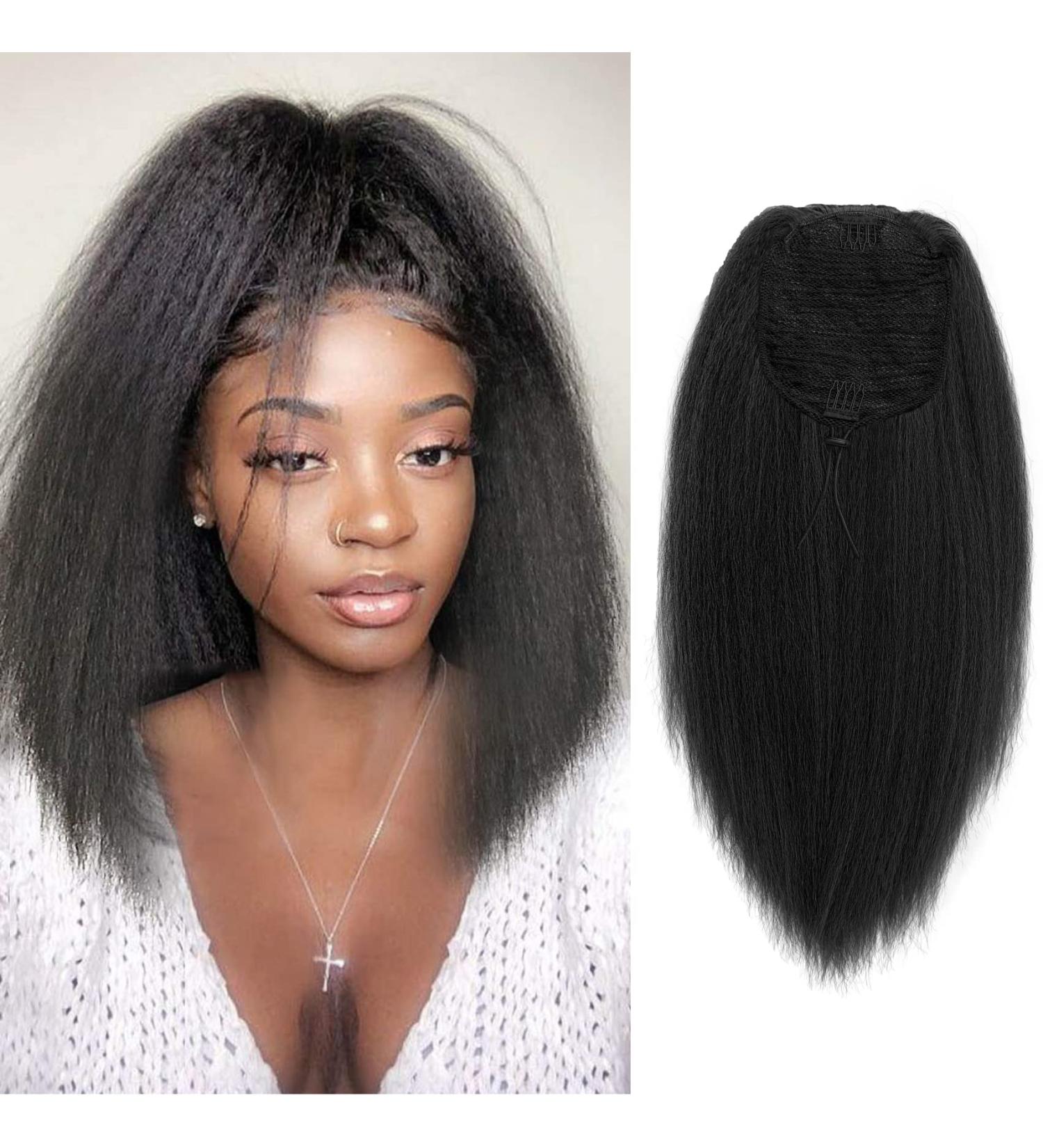 Allyreetress Yaki Drawstring Ponytail Extension for Black Women Highlight Kinky Staight Up Down Pony Tail Synthetic Hair Extensions 16 Inches 2 Clip in (1B Black) 16 inches 1B# - Buy Online on GoSupps.com