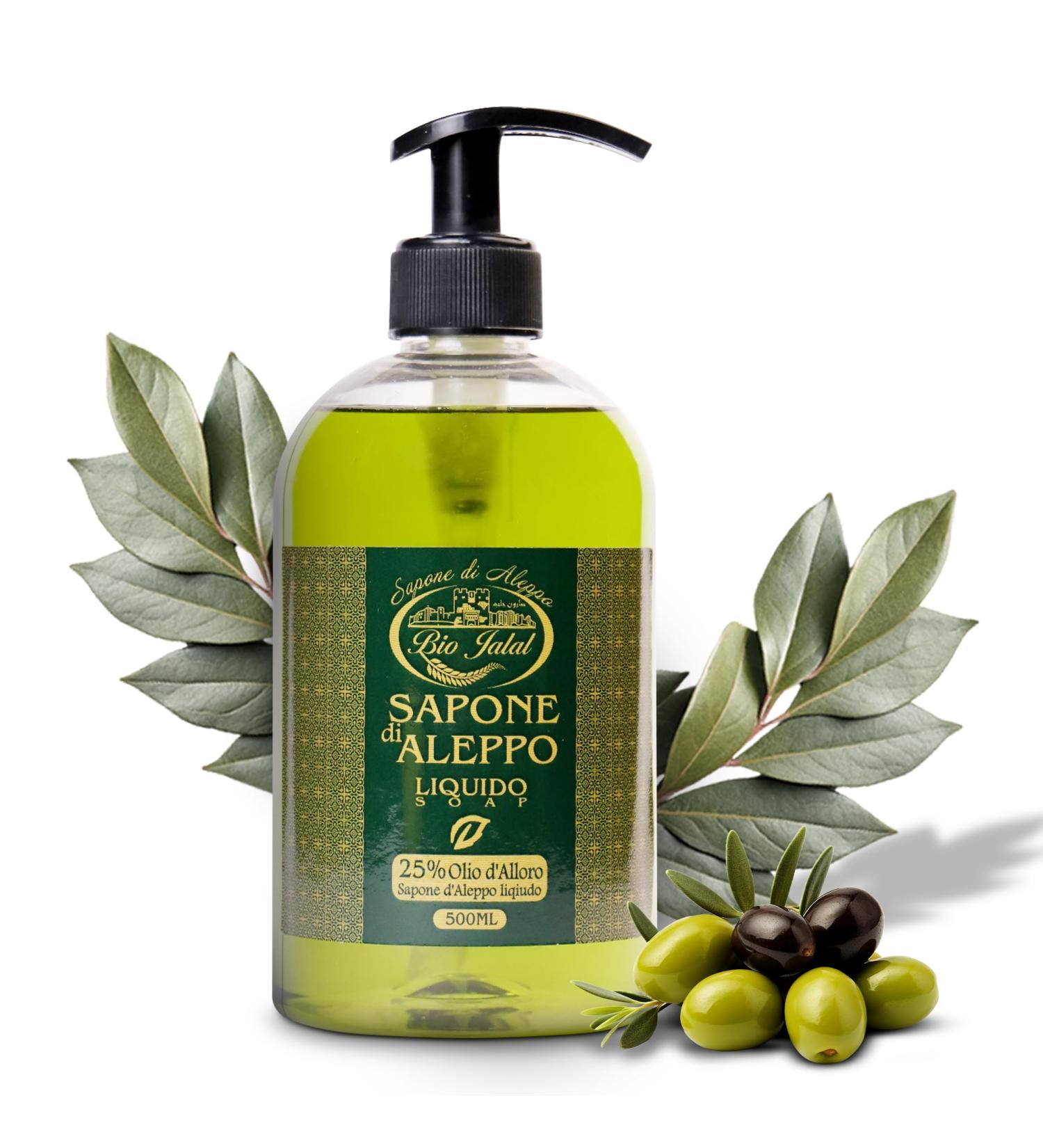  BIO JALAL Aleppo soap liquid 75% olive oil and 25% bay oil 500ml liquid soap hands body hair produced in Turkey 500ml - Buy Online on GoSupps.com