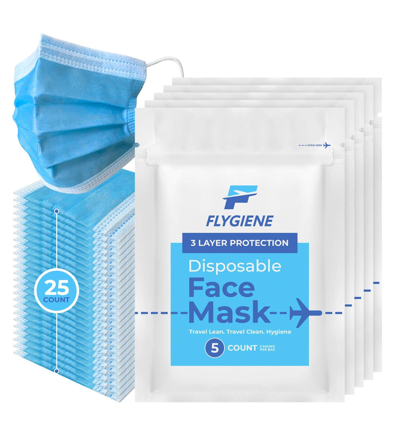 Travel Size Face Mask - 3 Ply Blue Disposable Face Masks for Adults - TSA Approved for Air Travel - 25 Count (5 Packs of 5) - Breathable & Comfortable - Buy Online on GoSupps.com