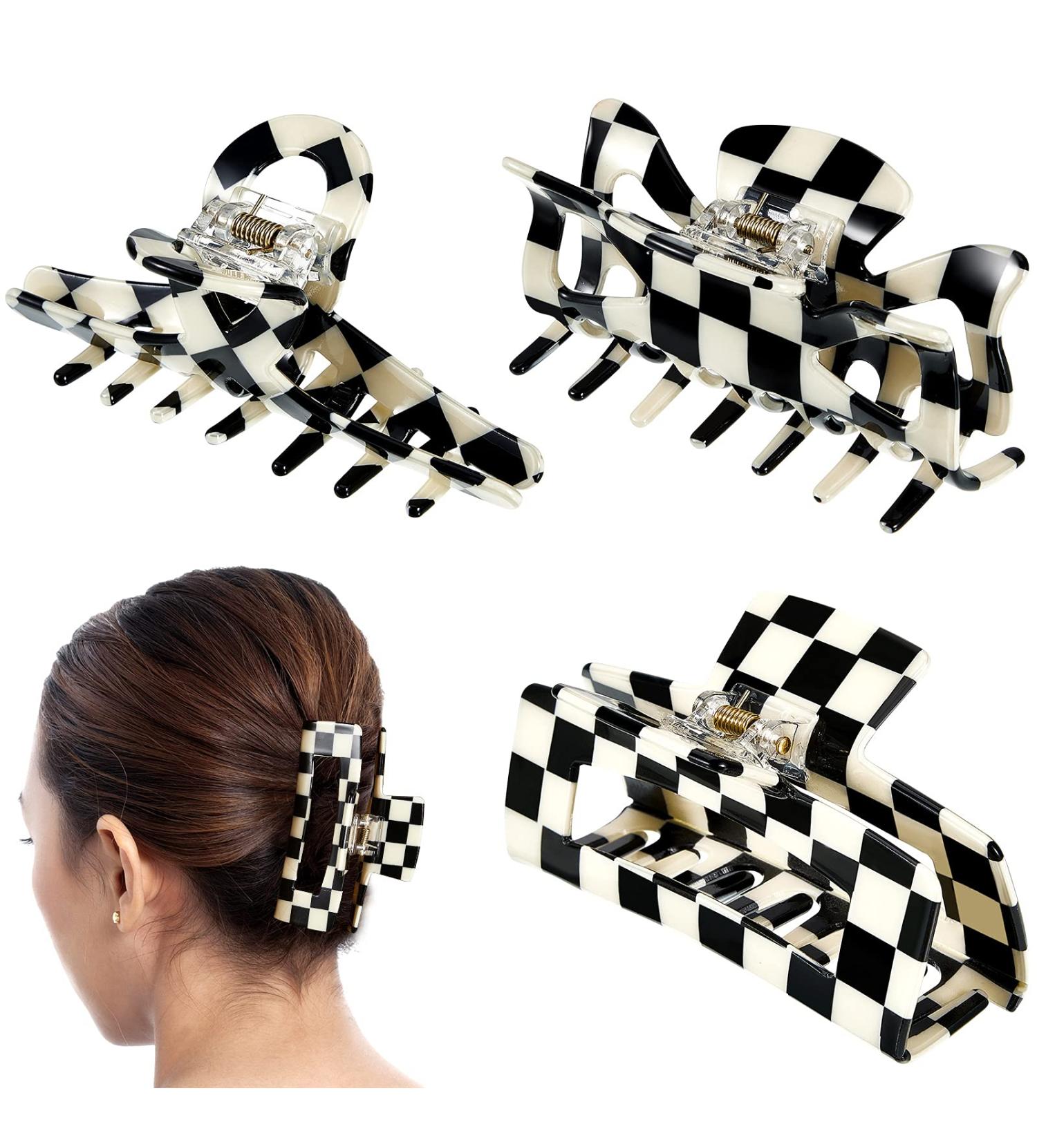 3 Piece Checkered Hair Claw Clips - Black and White Lattice Hair Barrettes for Women and Girls - Buy Online on GoSupps.com
