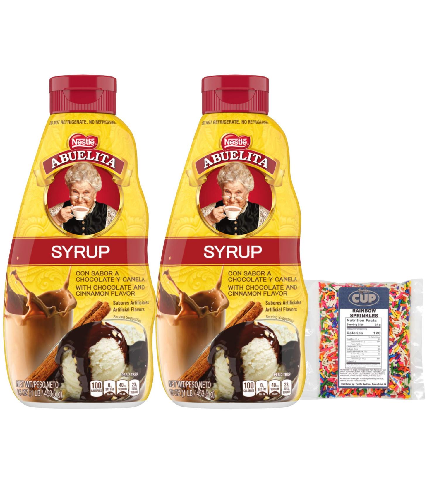 Nestle Abuelita Chocolate Cinnamon Syrup 16 oz Squeeze Bottle (Pack of 2) with By The Cup Rainbow Sprinkles - Buy Online on GoSupps.com