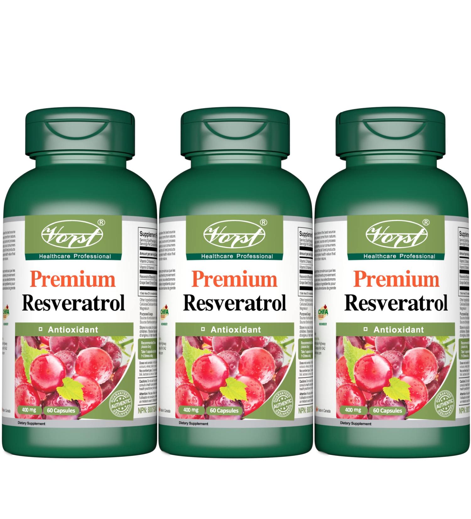 VORST Resveratrol Supplement 400mg 3 X 60 Capsules with Grape Seed Extract Vitamin E & C | Antioxidant Pills for Anti Aging Skin Care & Immune System | Powder Pills | 3 Bottles - Buy Online on GoSupps.com